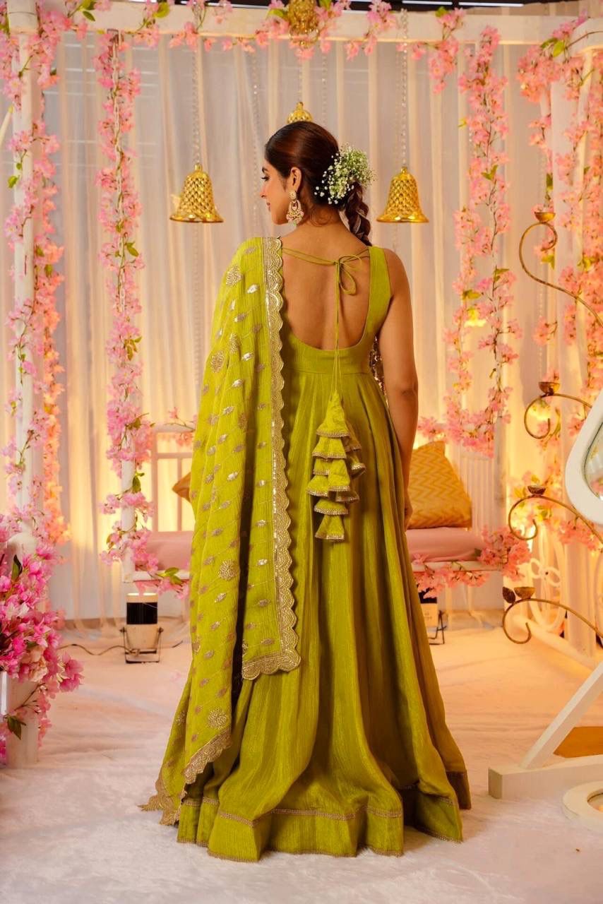 Glimmering Mustard Color Heavy Roman Silk With Fancy Lace Designer Gown
