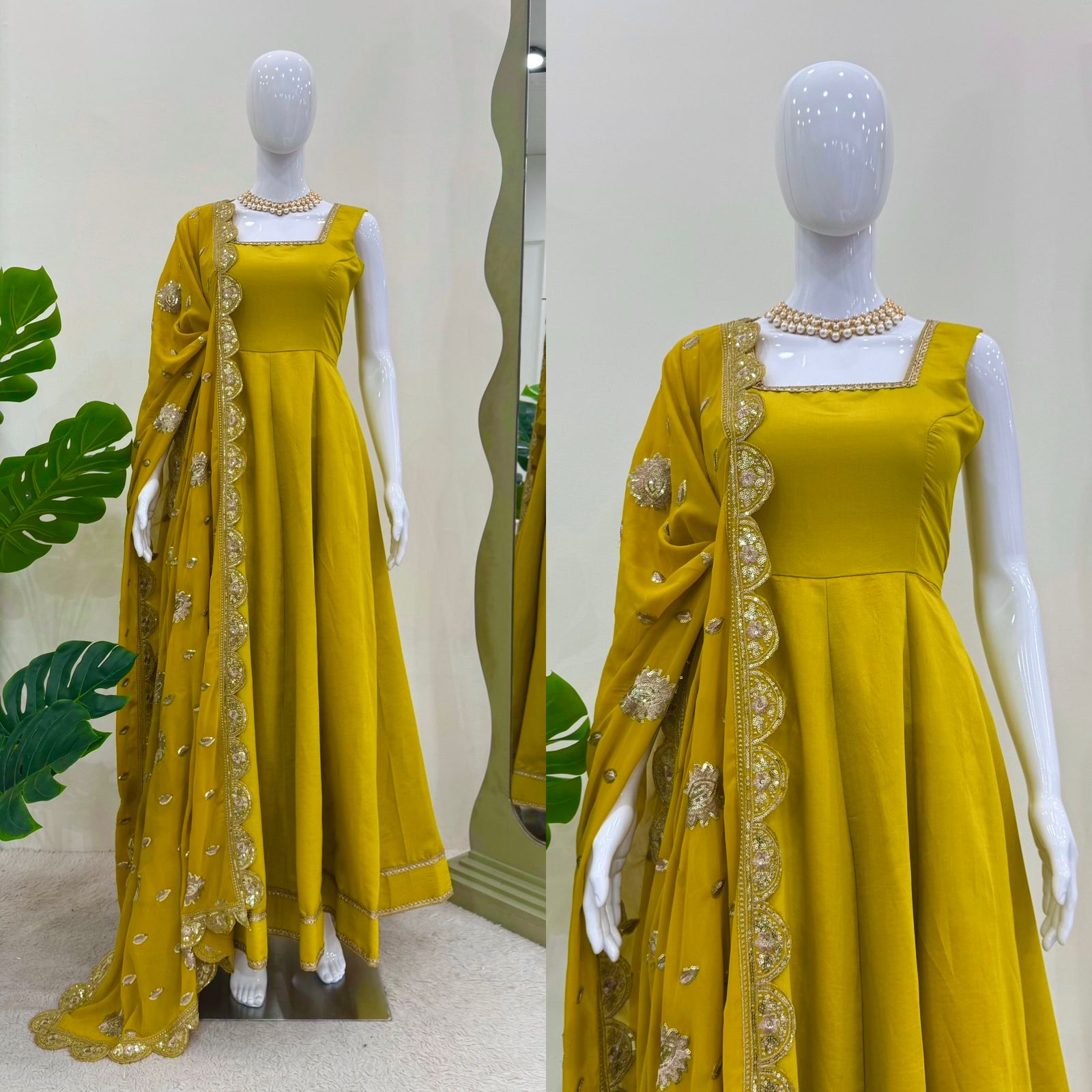 Glimmering Mustard Color Heavy Roman Silk With Fancy Lace Designer Gown