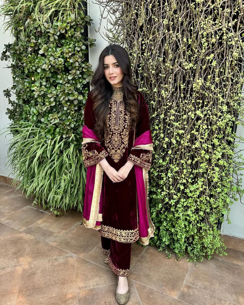 Ceremony Wear Dark Maroon Color Velvet With Coding Embroidery Work Designer Velvet Suit