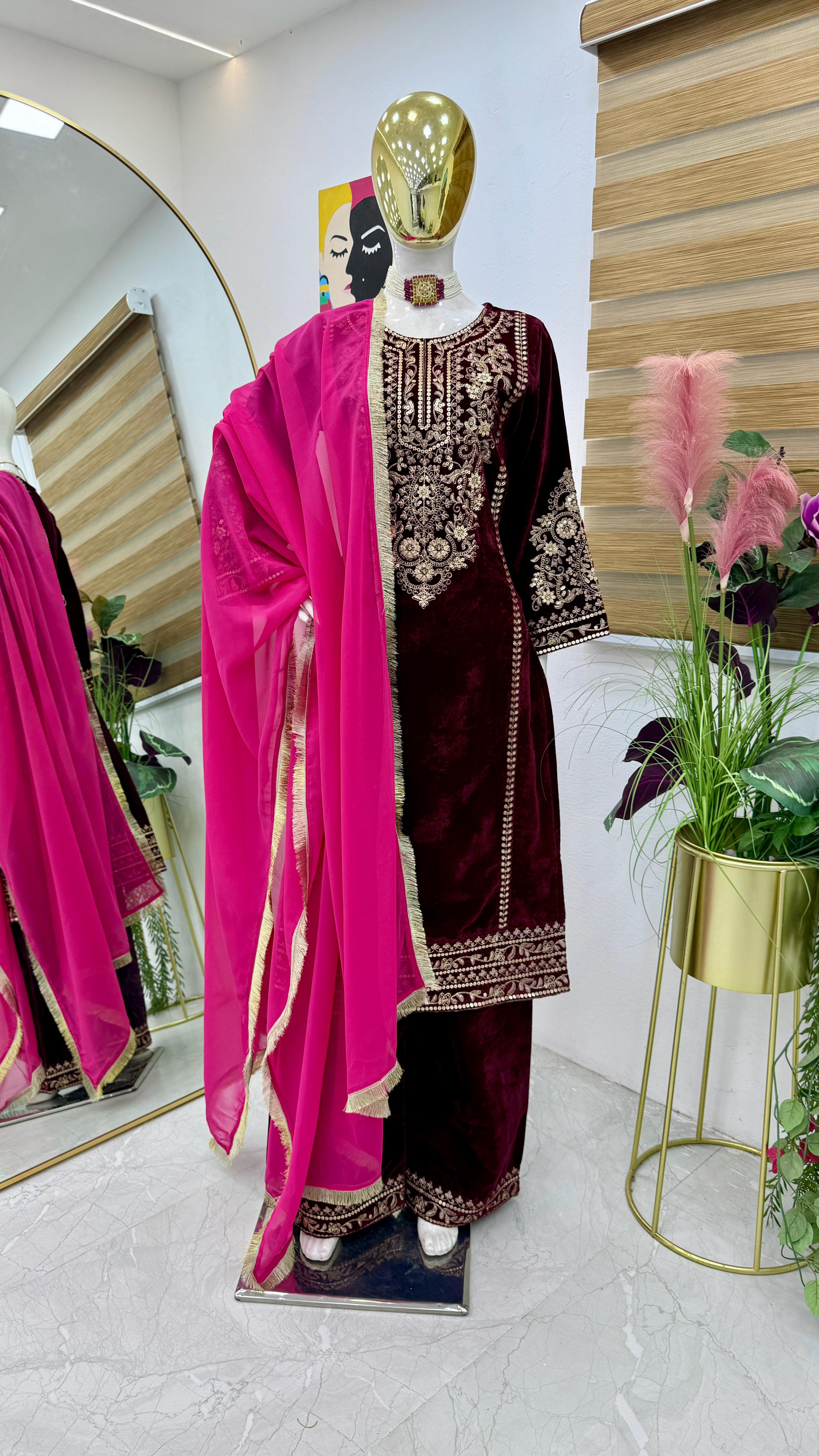 Ceremony Wear Dark Maroon Color Velvet With Coding Embroidery Work Designer Velvet Suit