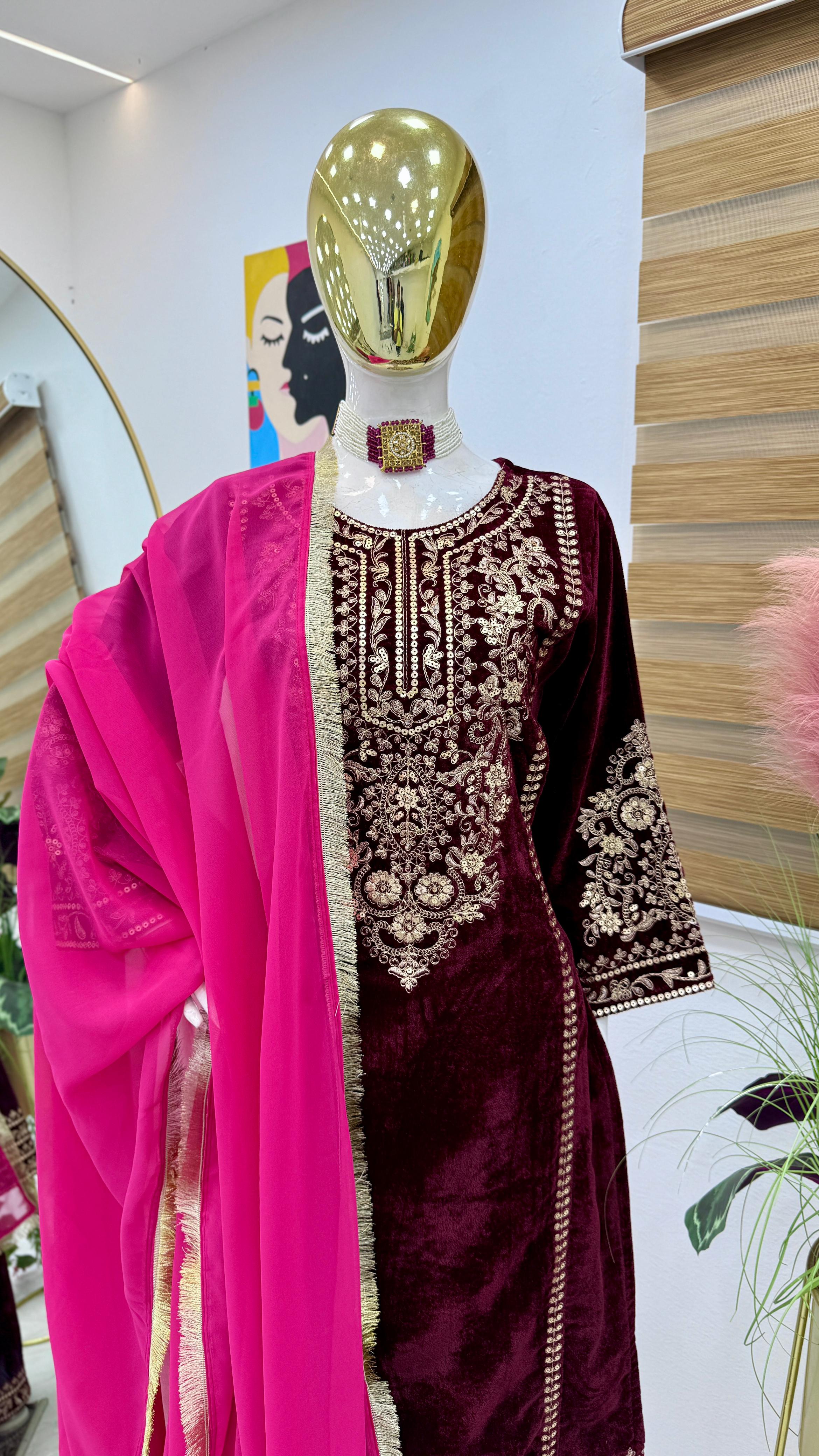 Ceremony Wear Dark Maroon Color Velvet With Coding Embroidery Work Designer Velvet Suit