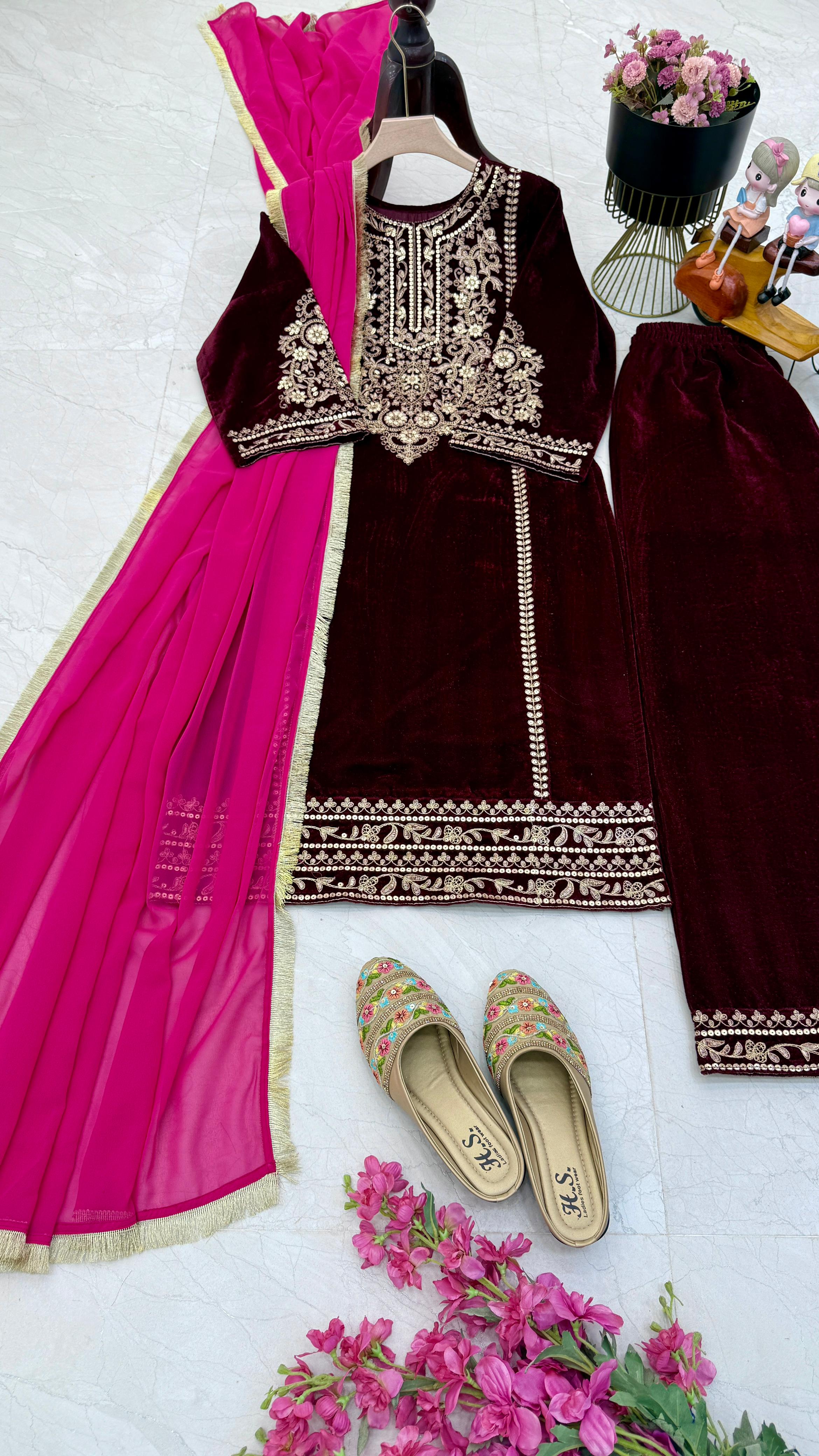 Ceremony Wear Dark Maroon Color Velvet With Coding Embroidery Work Designer Velvet Suit