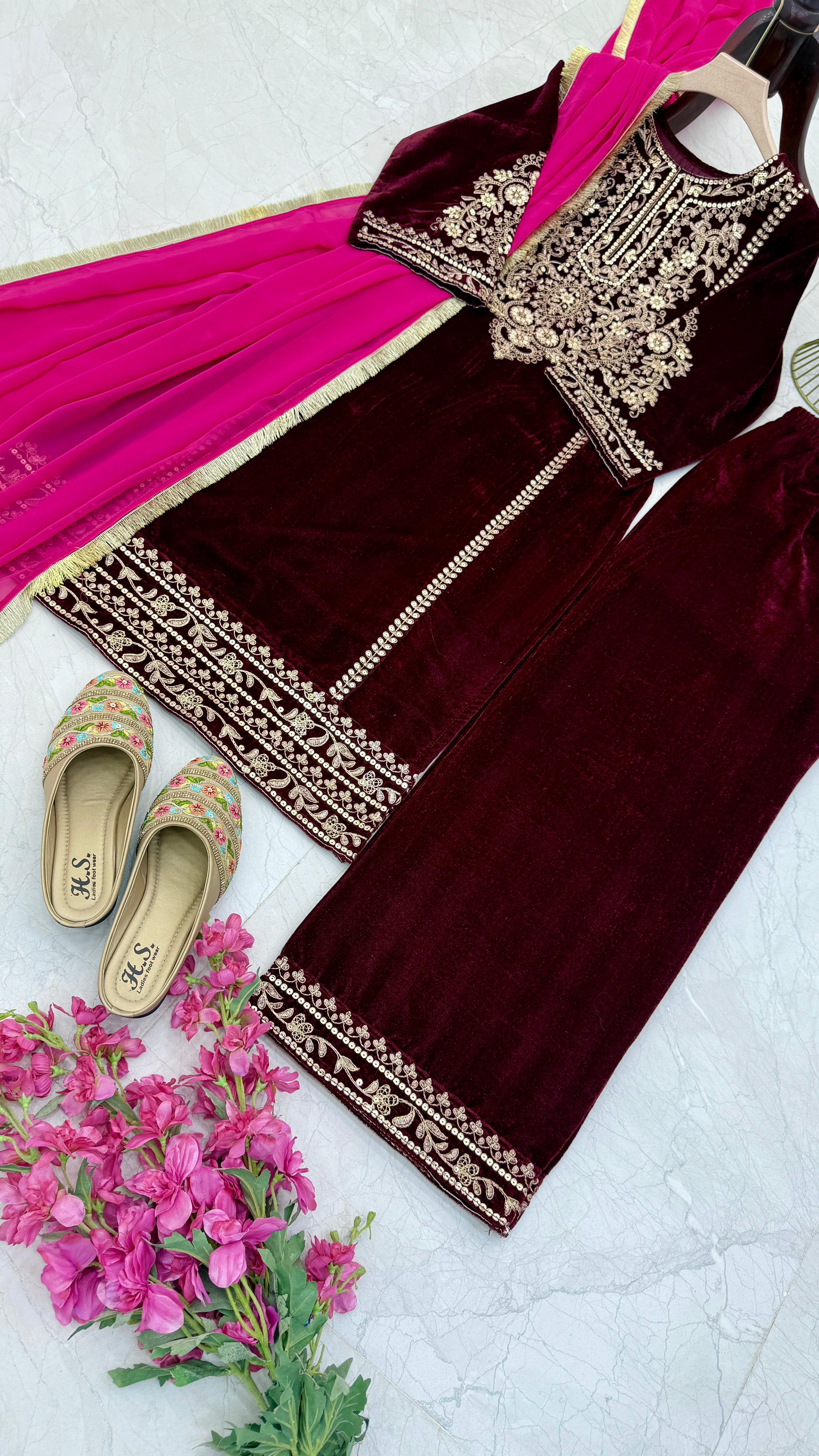 Ceremony Wear Dark Maroon Color Velvet With Coding Embroidery Work Designer Velvet Suit