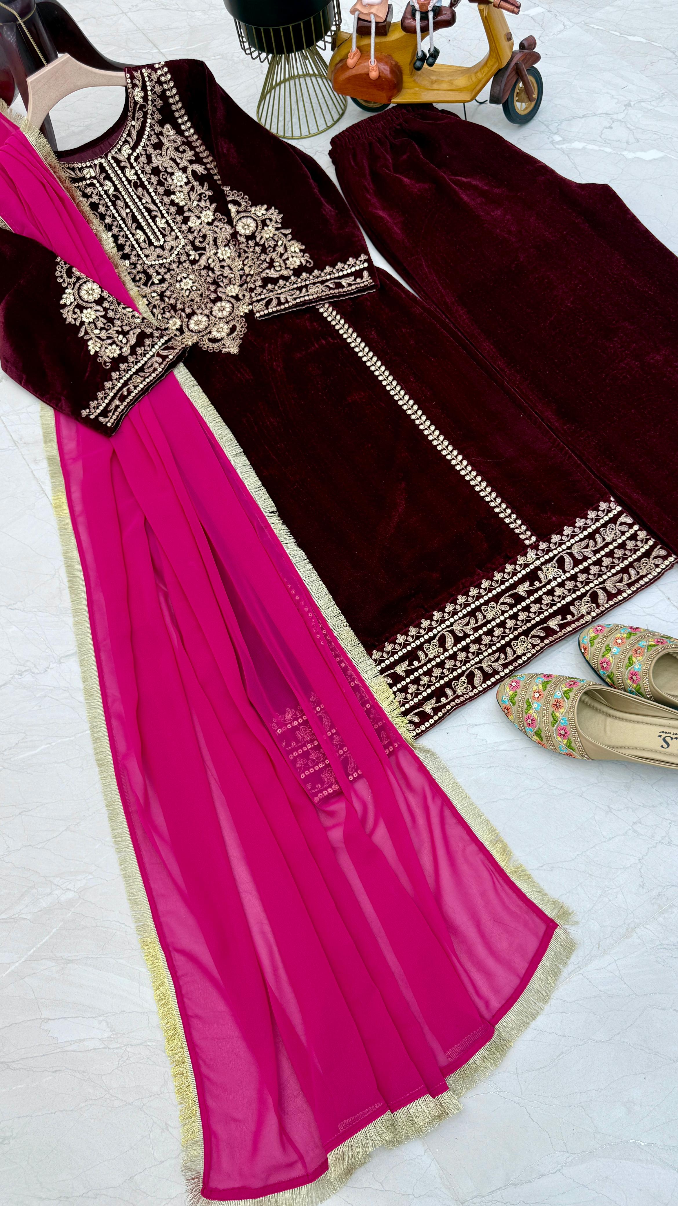 Ceremony Wear Dark Maroon Color Velvet With Coding Embroidery Work Designer Velvet Suit