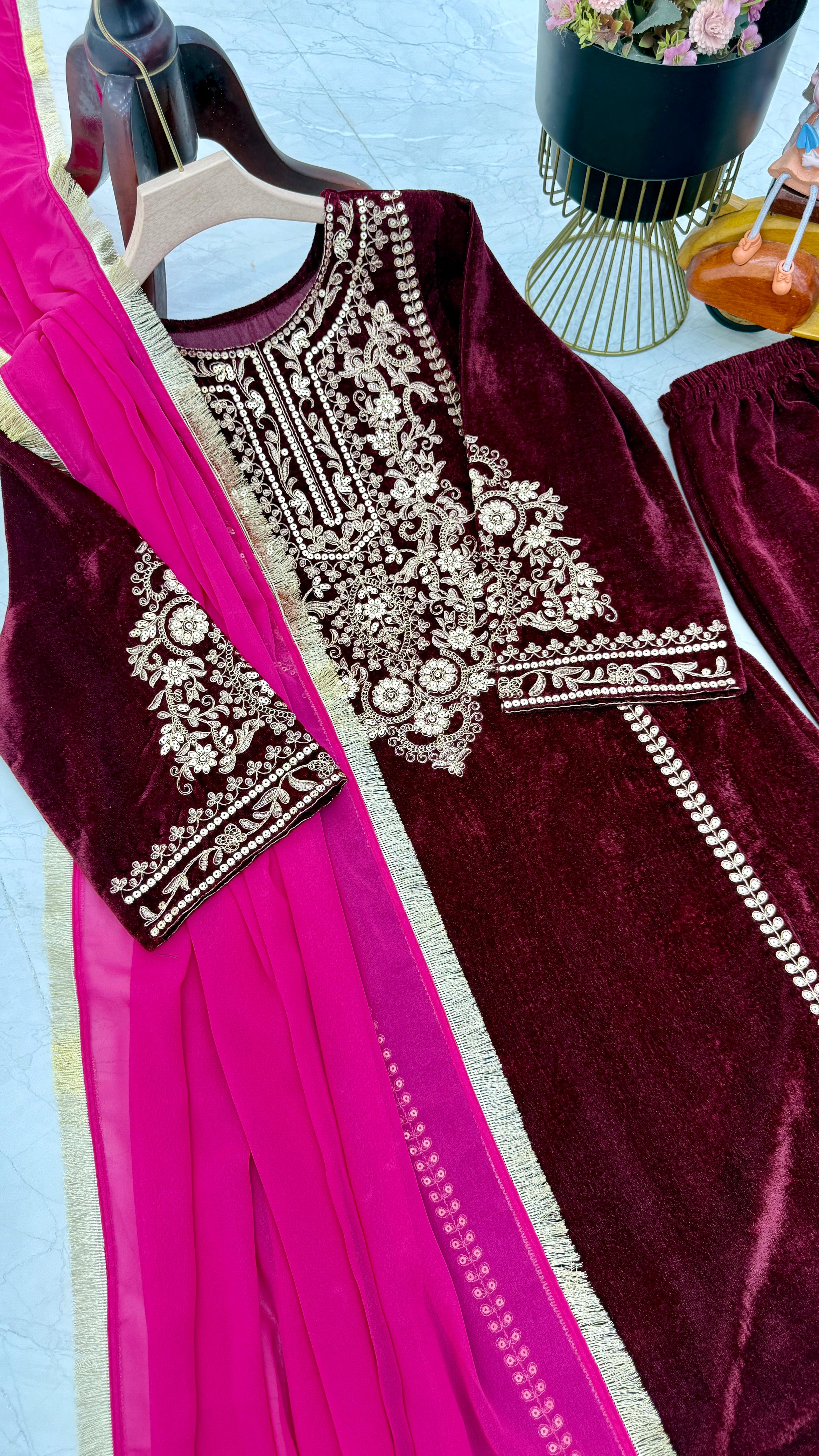 Ceremony Wear Dark Maroon Color Velvet With Coding Embroidery Work Designer Velvet Suit