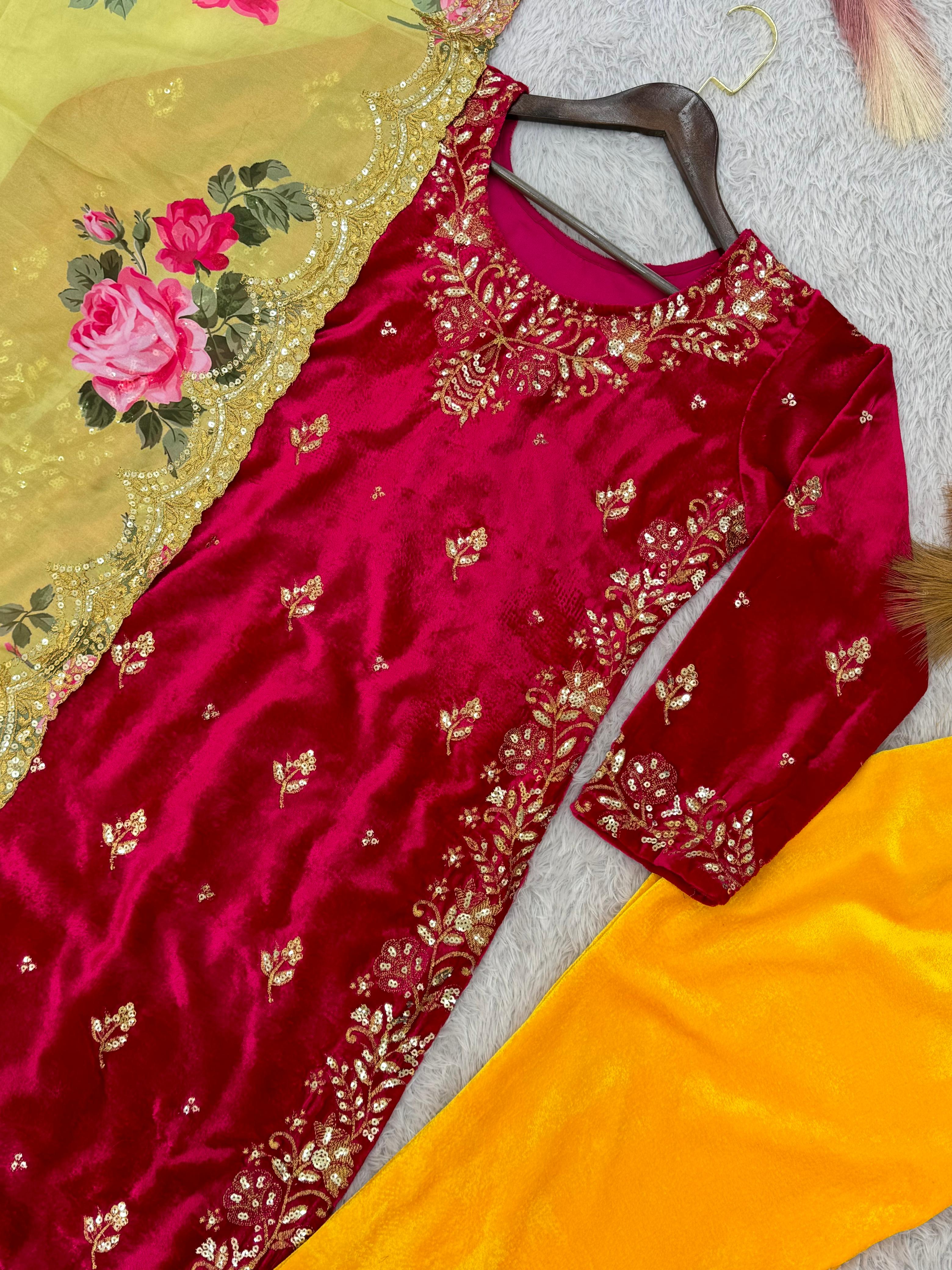 Wedding Wear Maroon Color Heavy Viscos Velvet Beautiful Embroidery Sequence Work Salwar Suit