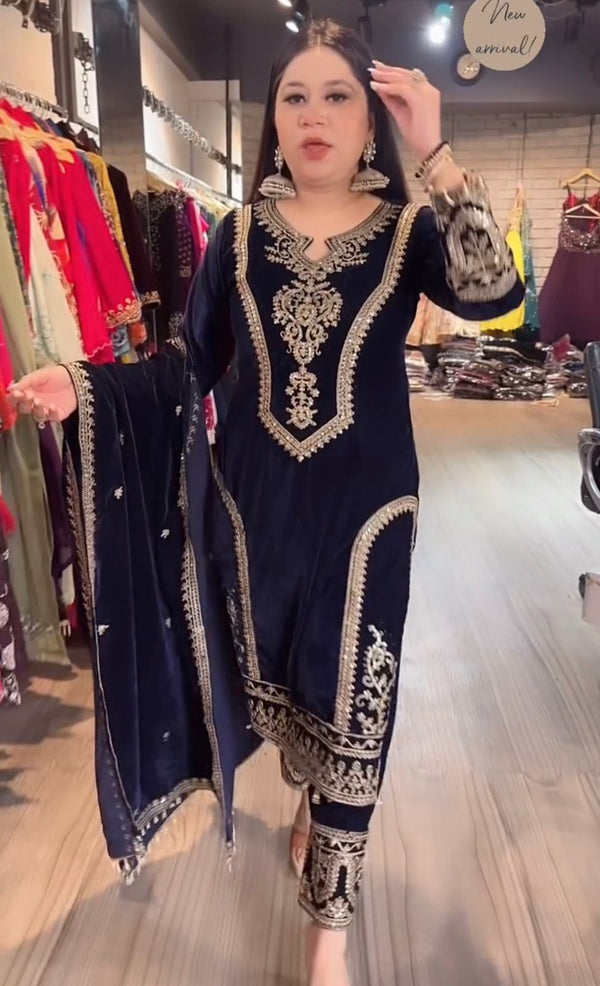 Alluring Navy Blue Color Heavy Pure Viscose Velvet With Embroidery 3mm Sequins And Coding Dori Work Designer Salwar Suit