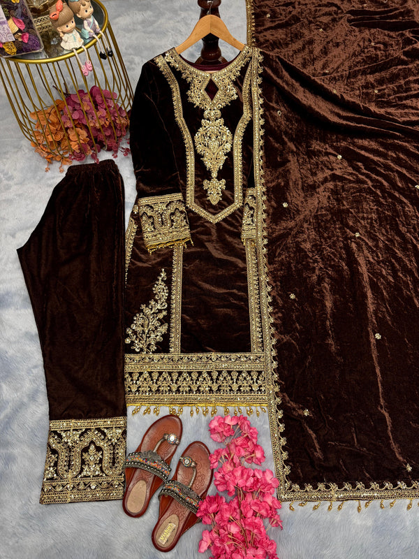 Alluring Brown Color Heavy Pure Viscose Velvet With Embroidery 3mm Sequins And Coding Dori Work Designer Salwar Suit