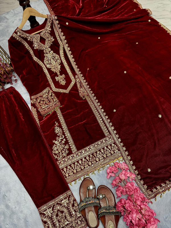 Alluring Maroon Color Heavy Pure Viscose Velvet With Embroidery 3mm Sequins And Coding Dori Work Designer Salwar Suit