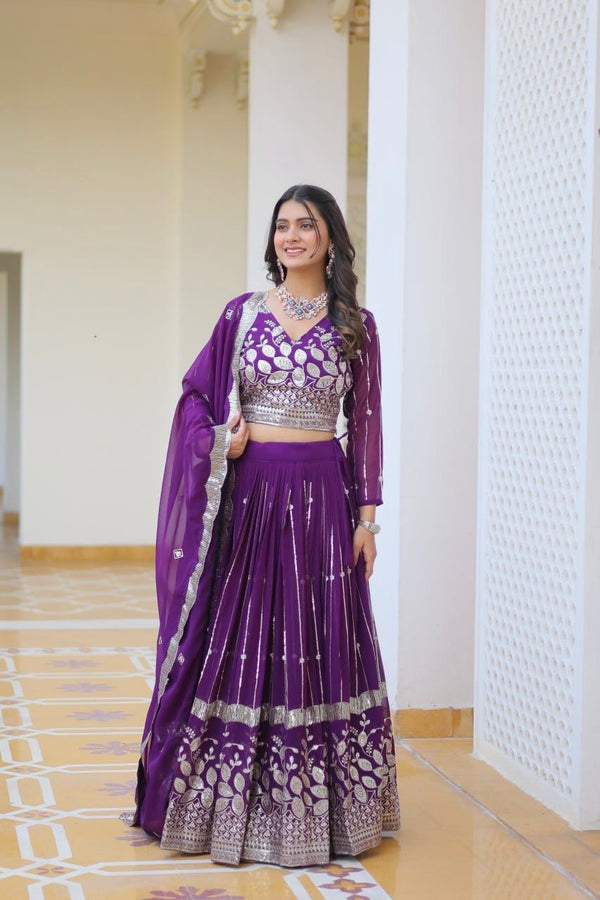 Reception Wear Purple Color Heavy Faux Georgette With Embroidery Sequence Work Designer Lehenga Choli