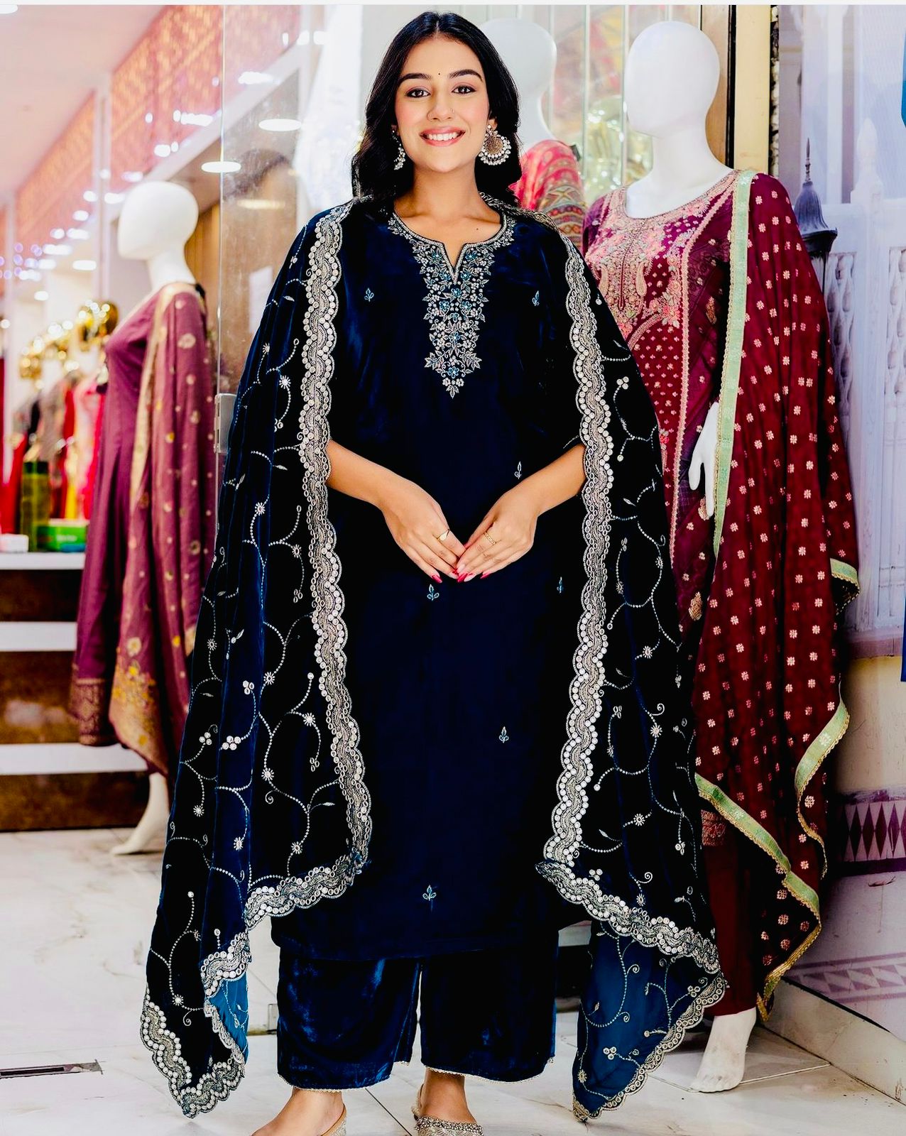 Party Wear Navy Blue Color Pure 9000 Viscous Velvet With Heavy Embroidery 5mm Sequence Work Velvet Suit