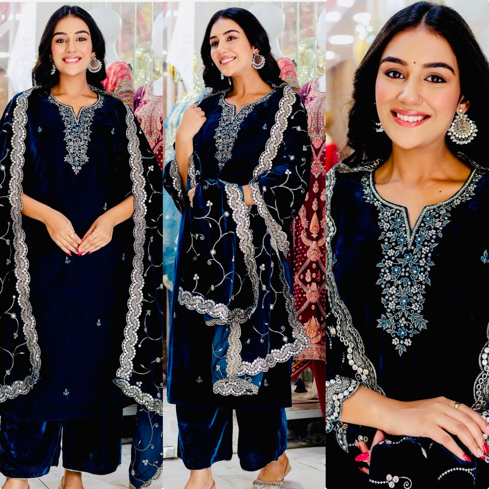 Party Wear Navy Blue Color Pure 9000 Viscous Velvet With Heavy Embroidery 5mm Sequence Work Velvet Suit