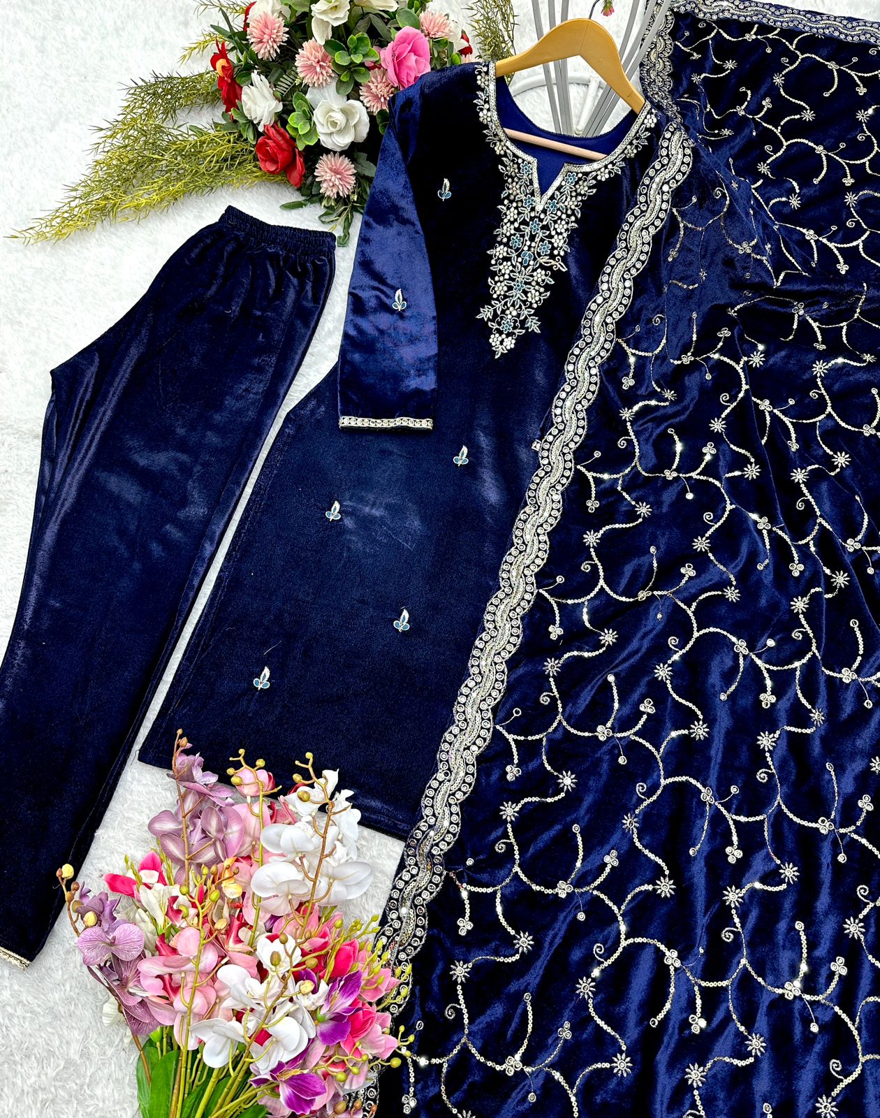 Party Wear Navy Blue Color Pure 9000 Viscous Velvet With Heavy Embroidery 5mm Sequence Work Velvet Suit