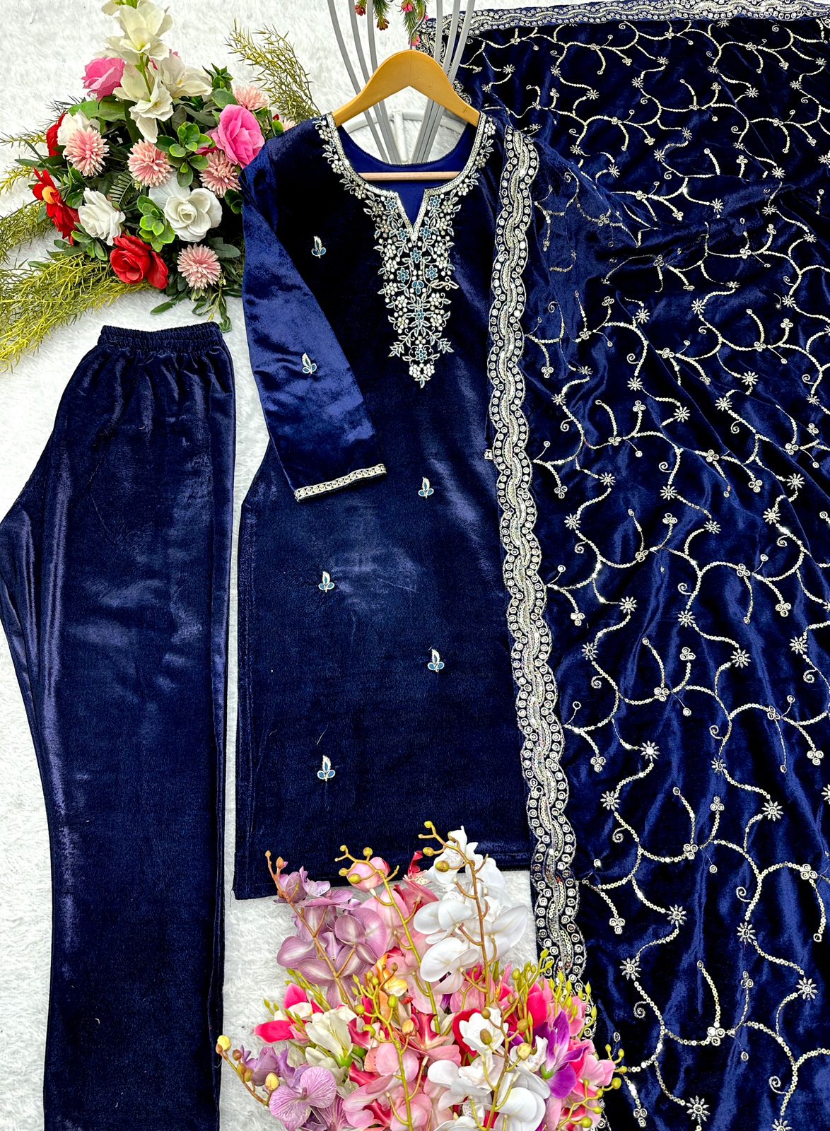 Party Wear Navy Blue Color Pure 9000 Viscous Velvet With Heavy Embroidery 5mm Sequence Work Velvet Suit