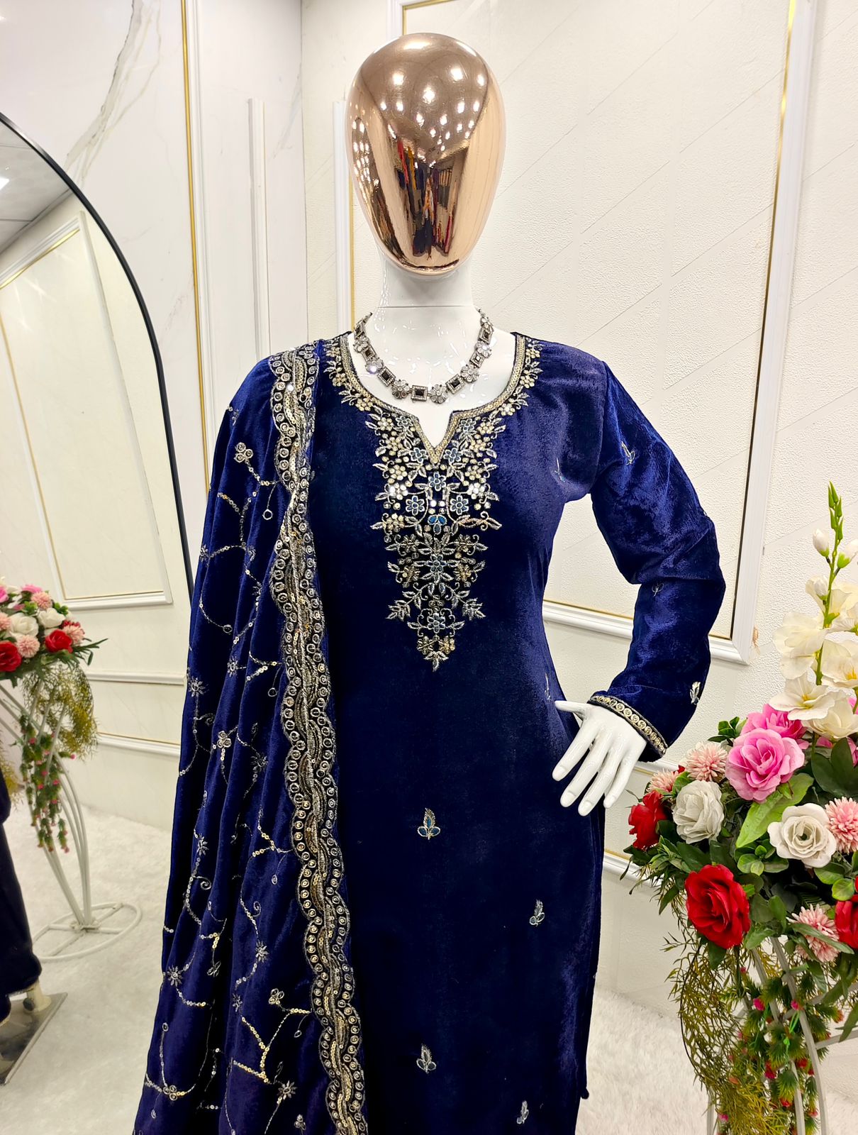 Party Wear Navy Blue Color Pure 9000 Viscous Velvet With Heavy Embroidery 5mm Sequence Work Velvet Suit