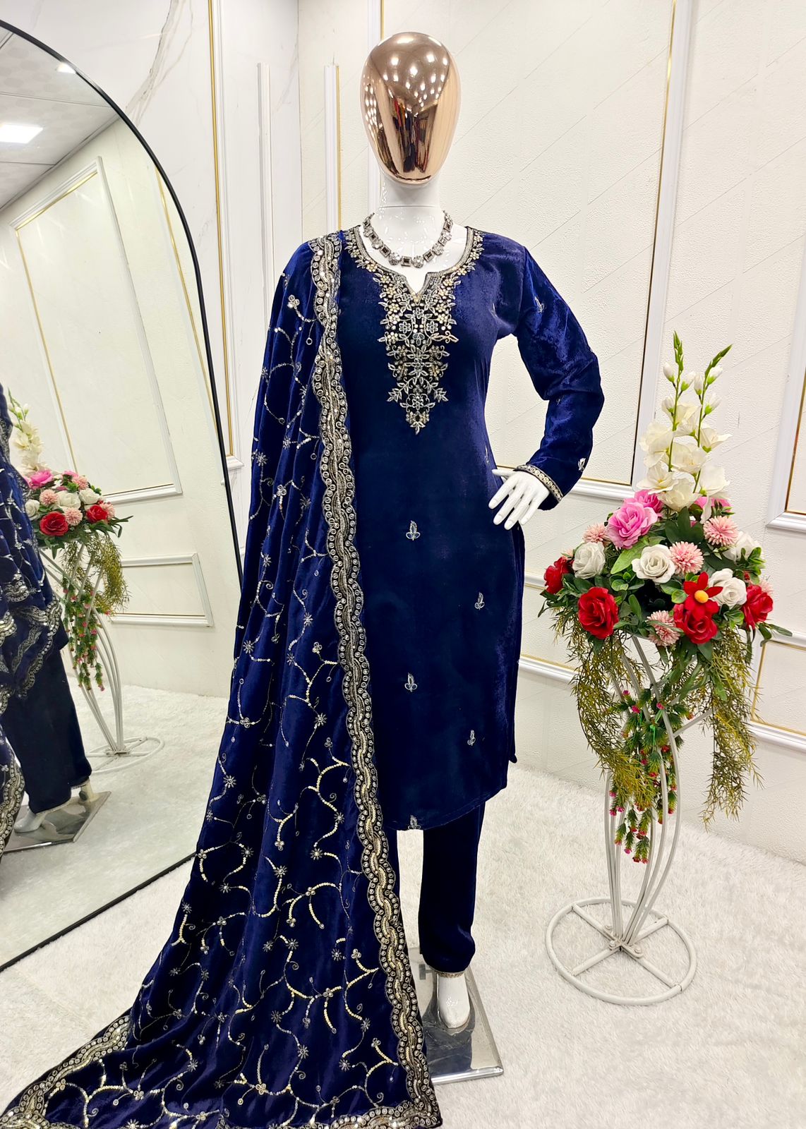 Party Wear Navy Blue Color Pure 9000 Viscous Velvet With Heavy Embroidery 5mm Sequence Work Velvet Suit