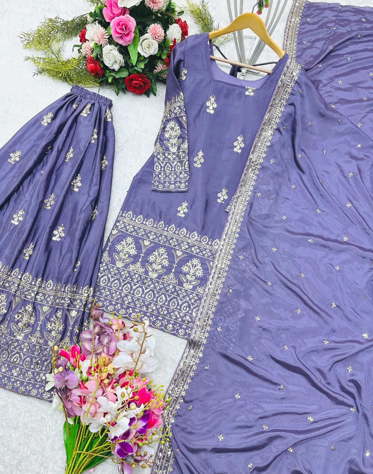 Party Wear Lavender Color Pure Chinon Silk With Embroidery 5mm Sequence Work Sharara Suit