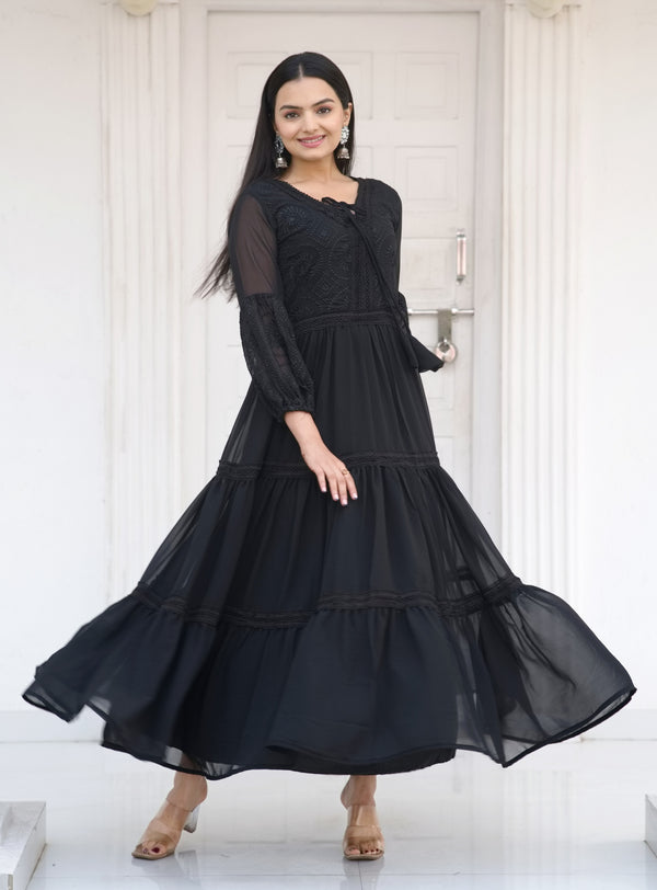 Casual Wear Black Color Faux Georgette And Embroidery Work Beautiful Gown