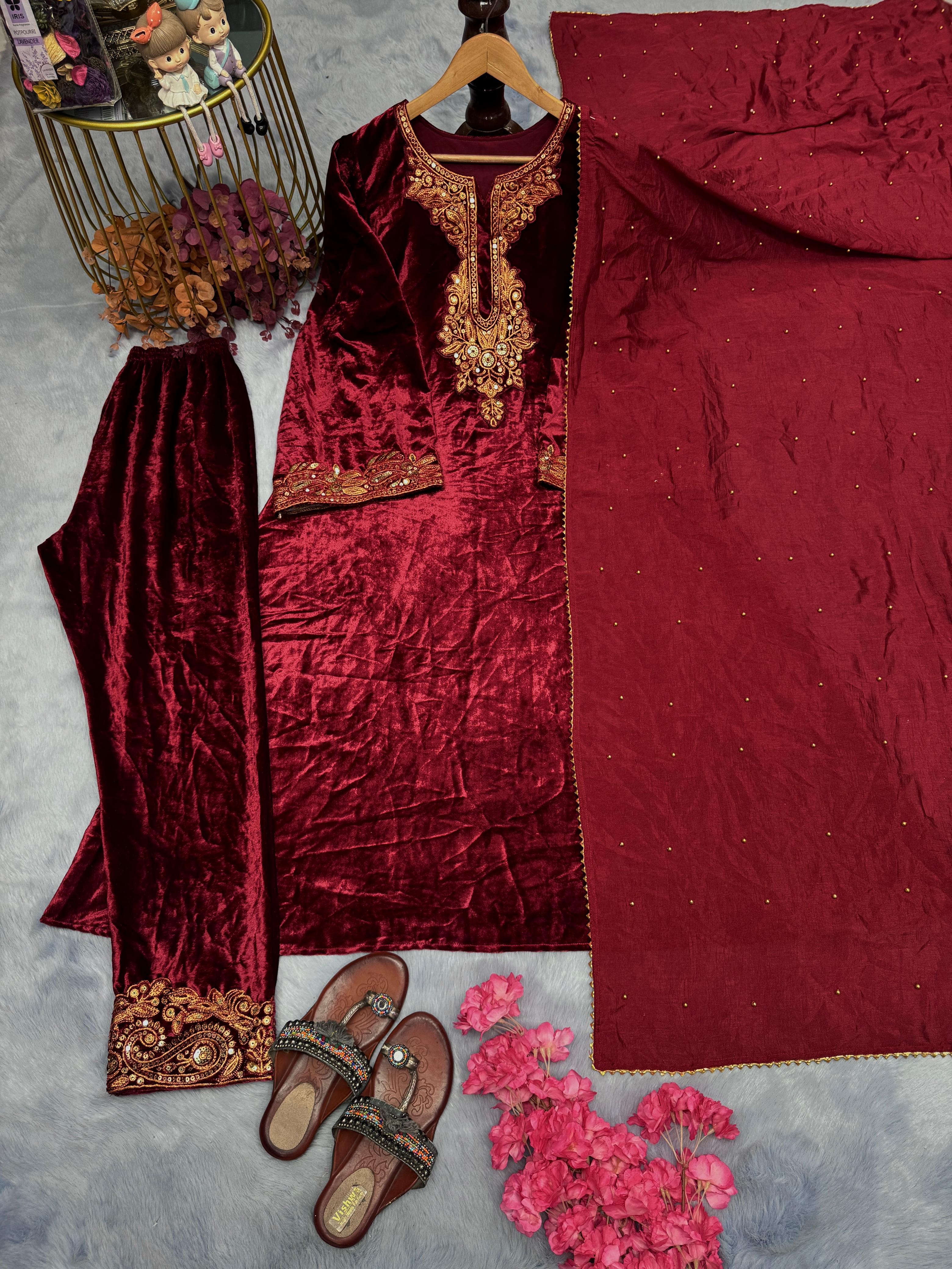 Beautiful Maroon Color Heavy Pure Viscose Velvet With Embroidery 5mm Sequence Work Salwar Suit