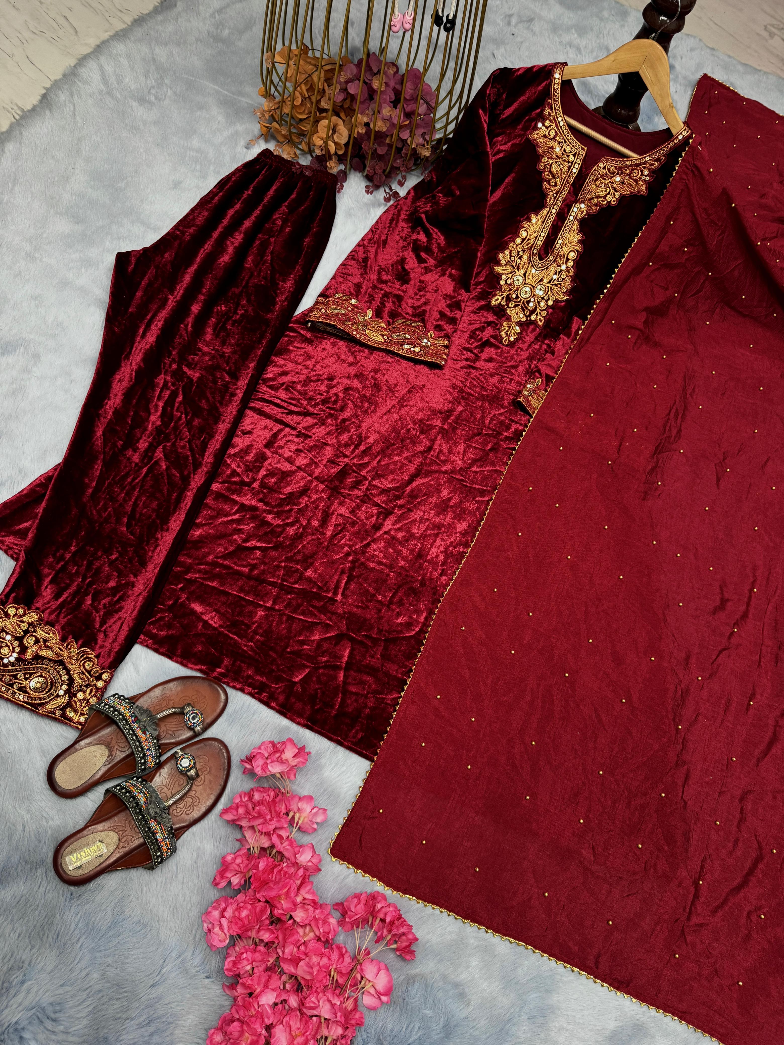 Beautiful Maroon Color Heavy Pure Viscose Velvet With Embroidery 5mm Sequence Work Salwar Suit