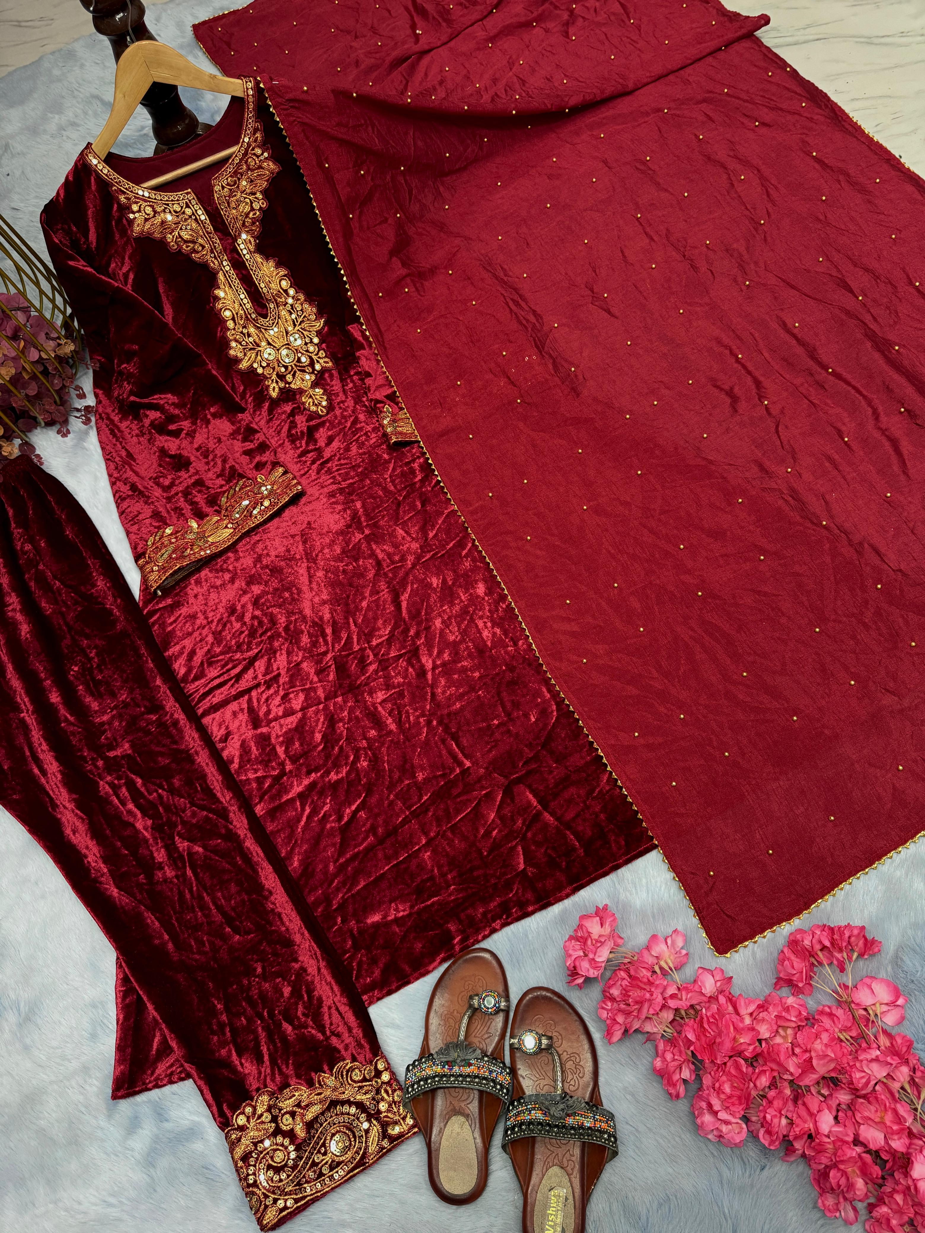 Beautiful Maroon Color Heavy Pure Viscose Velvet With Embroidery 5mm Sequence Work Salwar Suit