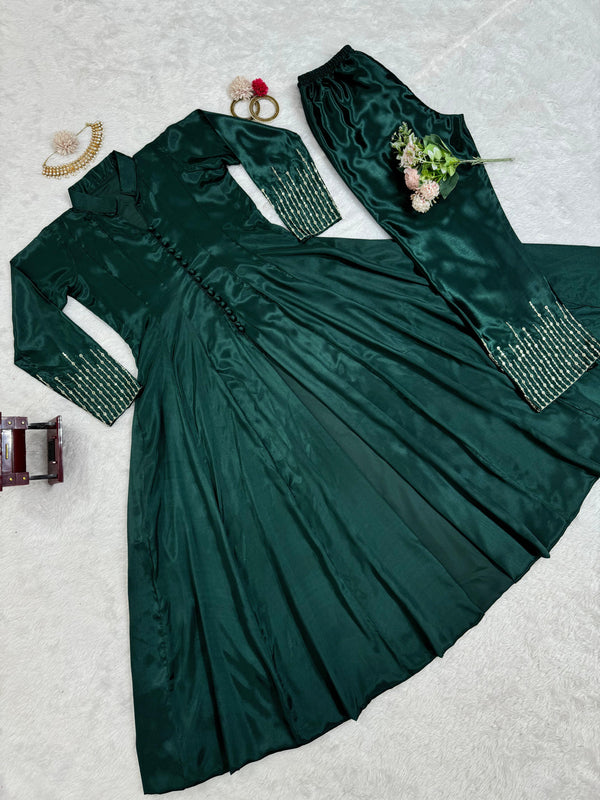 Awesome Green Color Chinon Silk And Thread With Sequence Work Beaultiful Salwar Suit