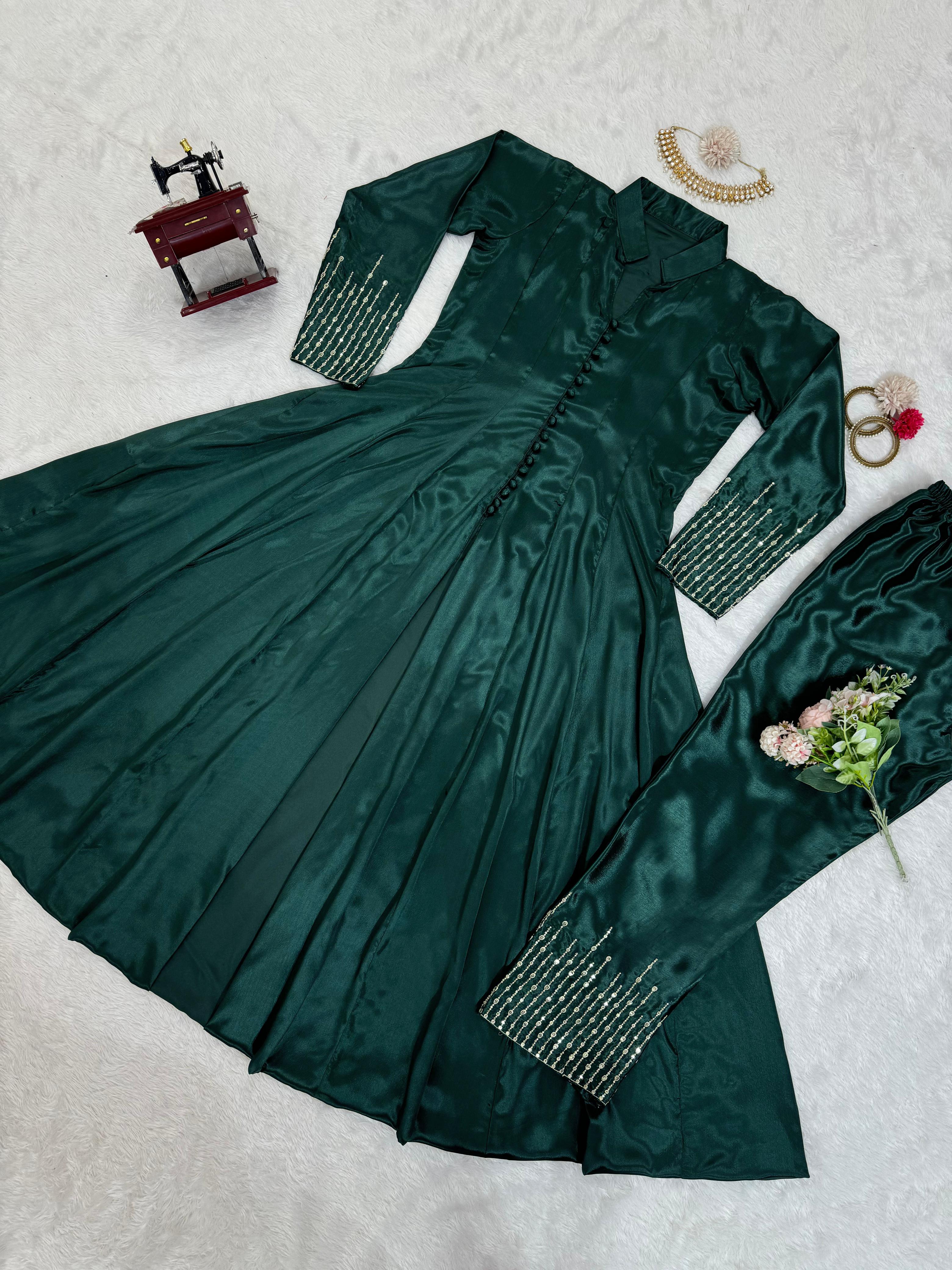 Awesome Green Color Chinon Silk And Thread With Sequence Work Beaultiful Salwar Suit