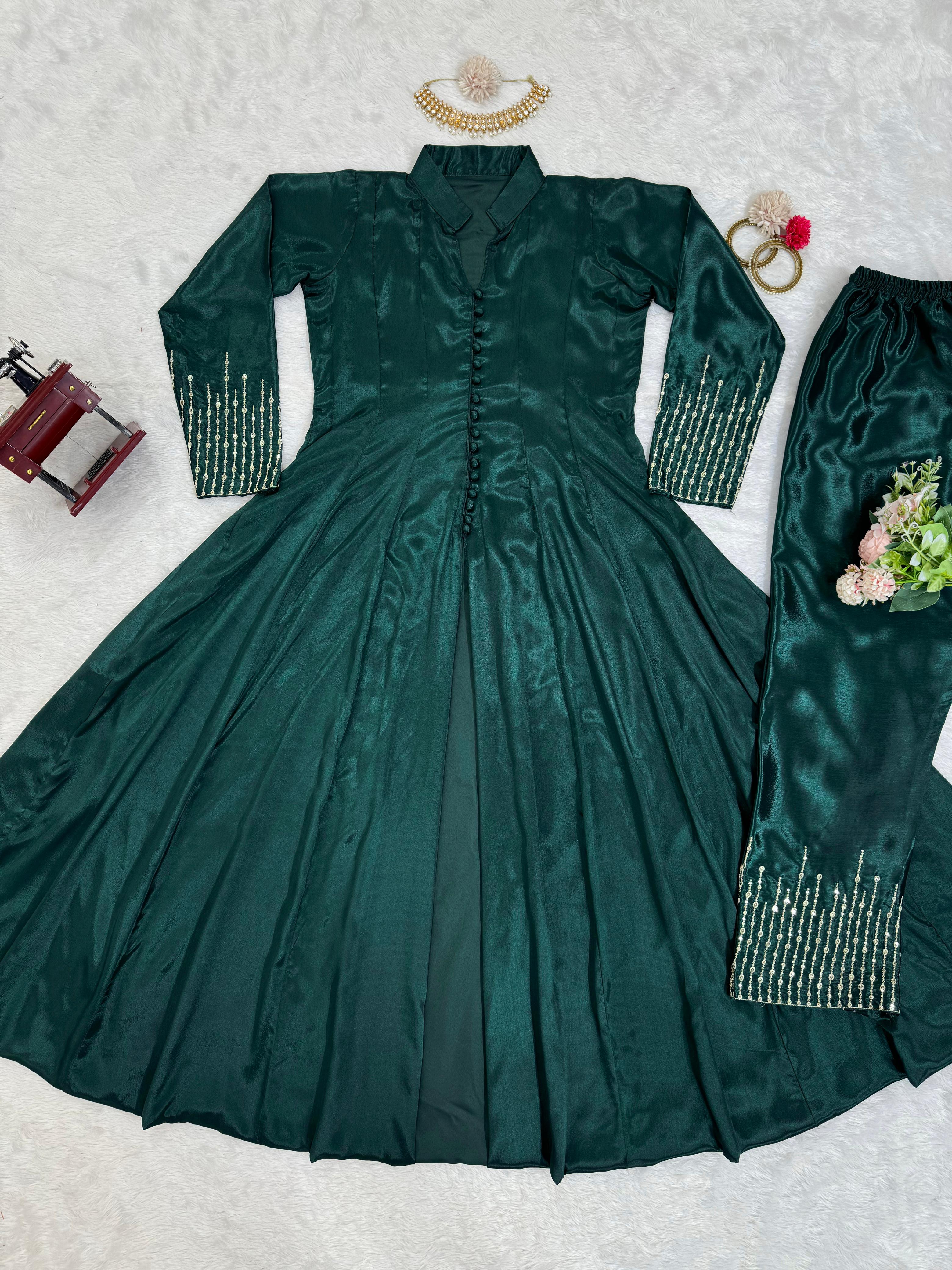 Awesome Green Color Chinon Silk And Thread With Sequence Work Beaultiful Salwar Suit