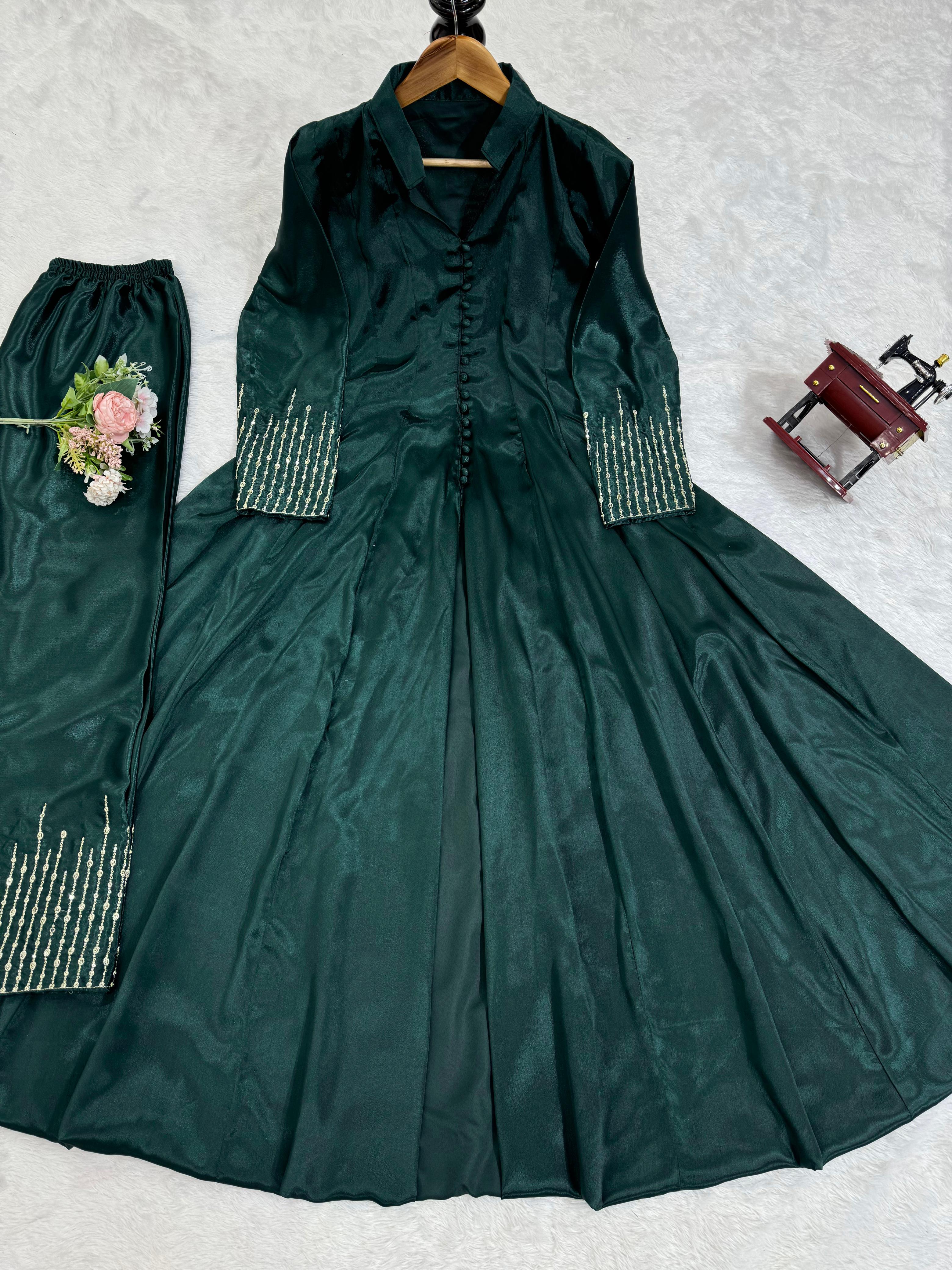 Awesome Green Color Chinon Silk And Thread With Sequence Work Beaultiful Salwar Suit