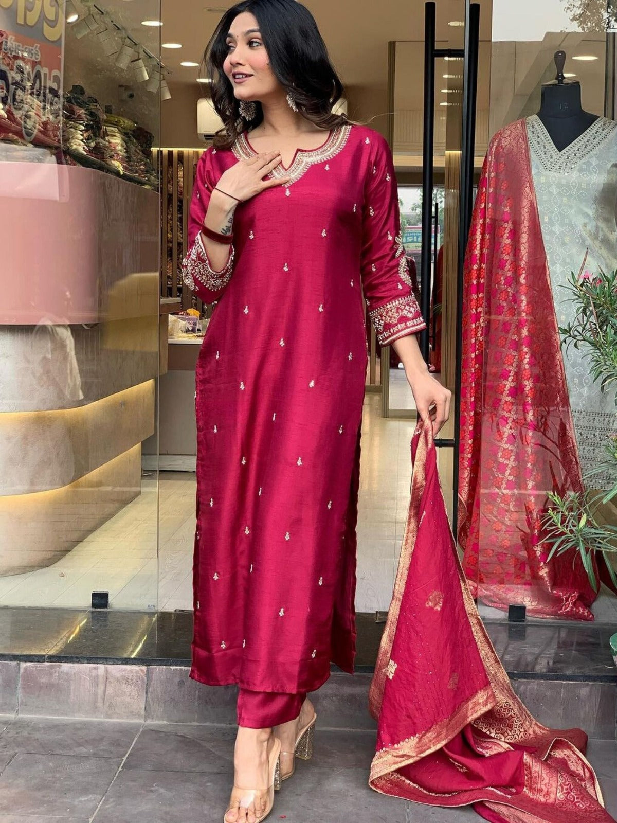 Ceremony Wear Maroon Color Viscose Chanderi With Embroidery Straight Kurta Set