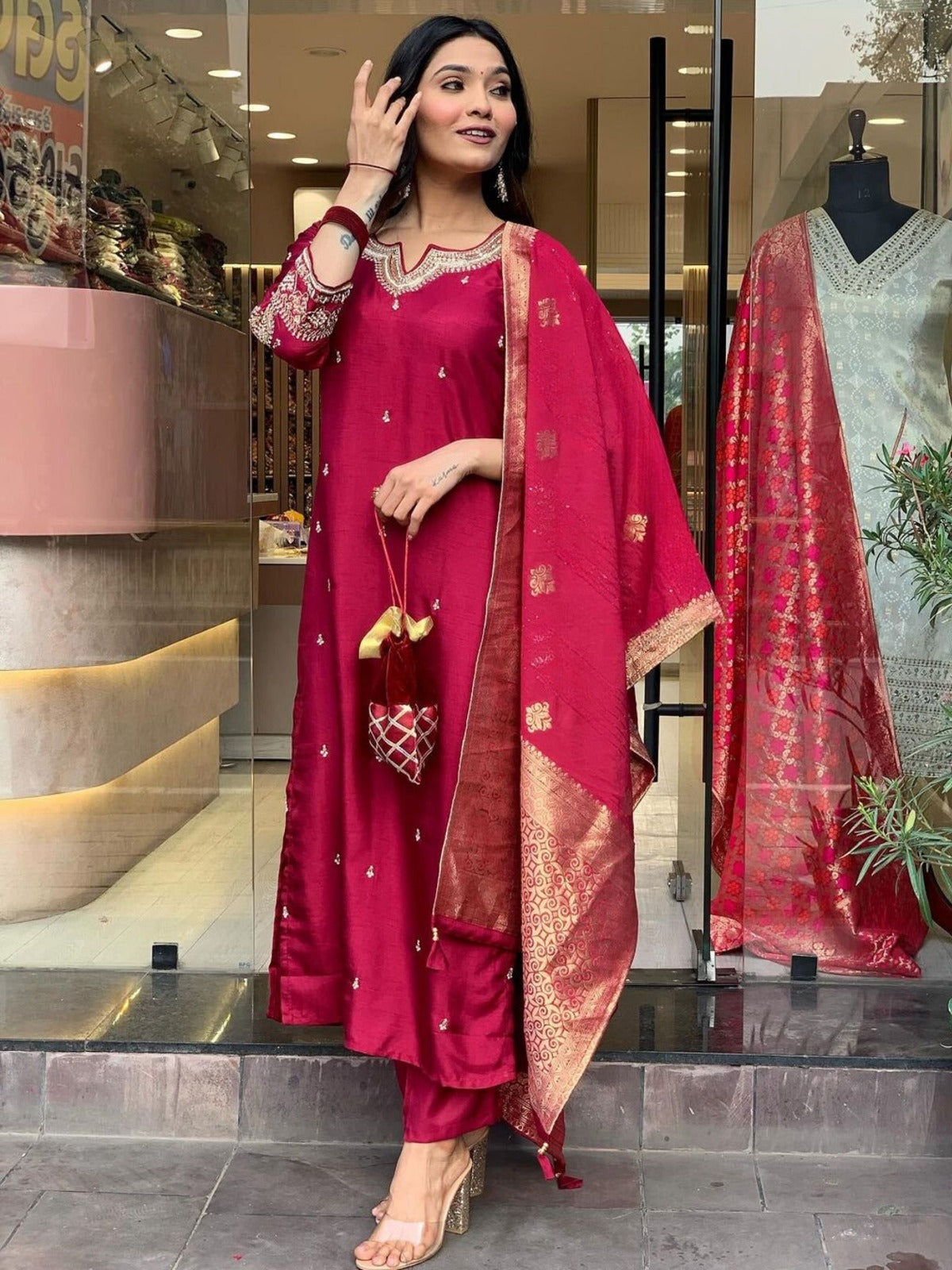 Ceremony Wear Maroon Color Viscose Chanderi With Embroidery Straight Kurta Set