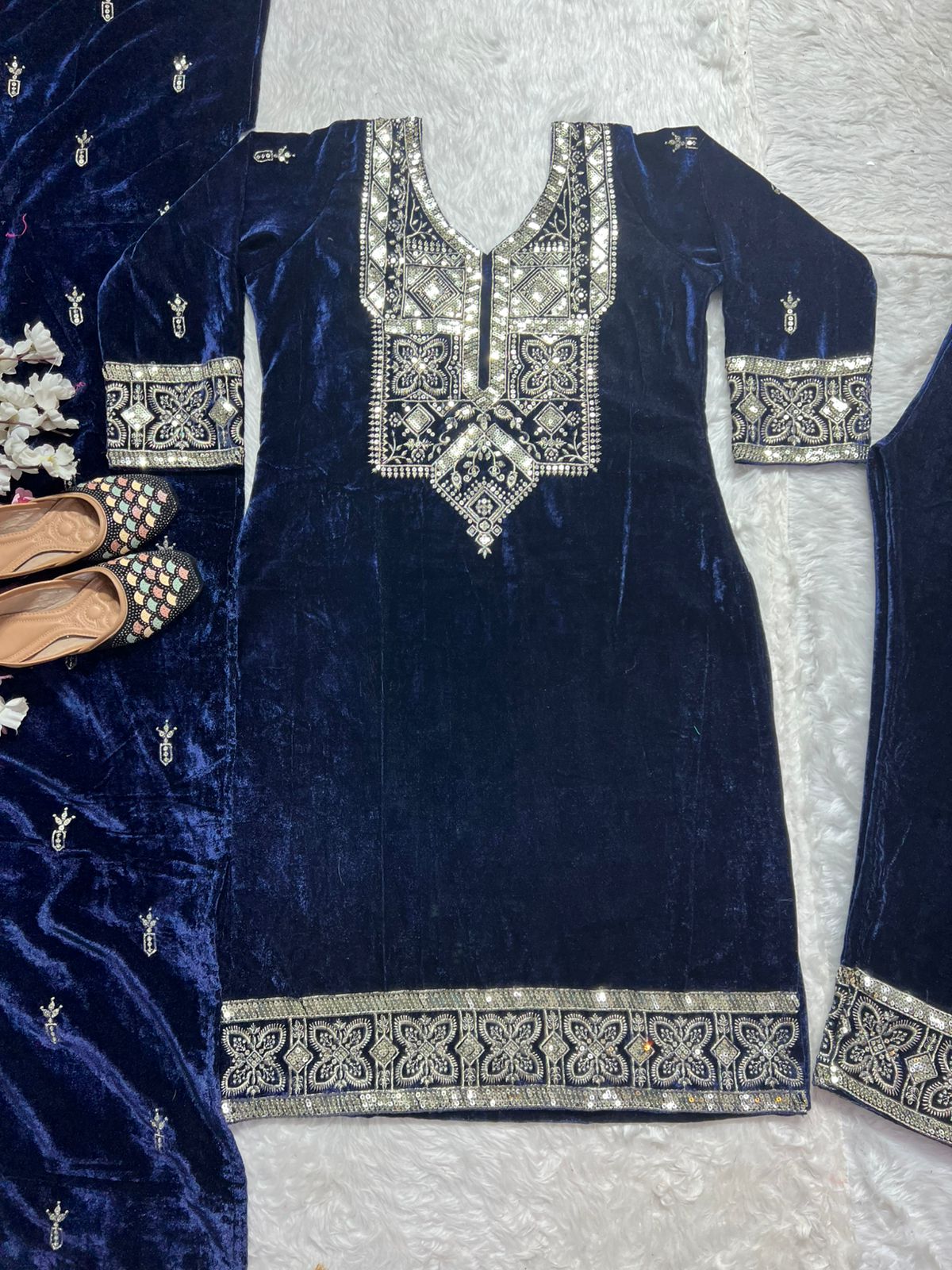 Classy Blue Color Pure Heavy Viscous Velvet With Heavy Embroidery Sequence Work Salwar Suit