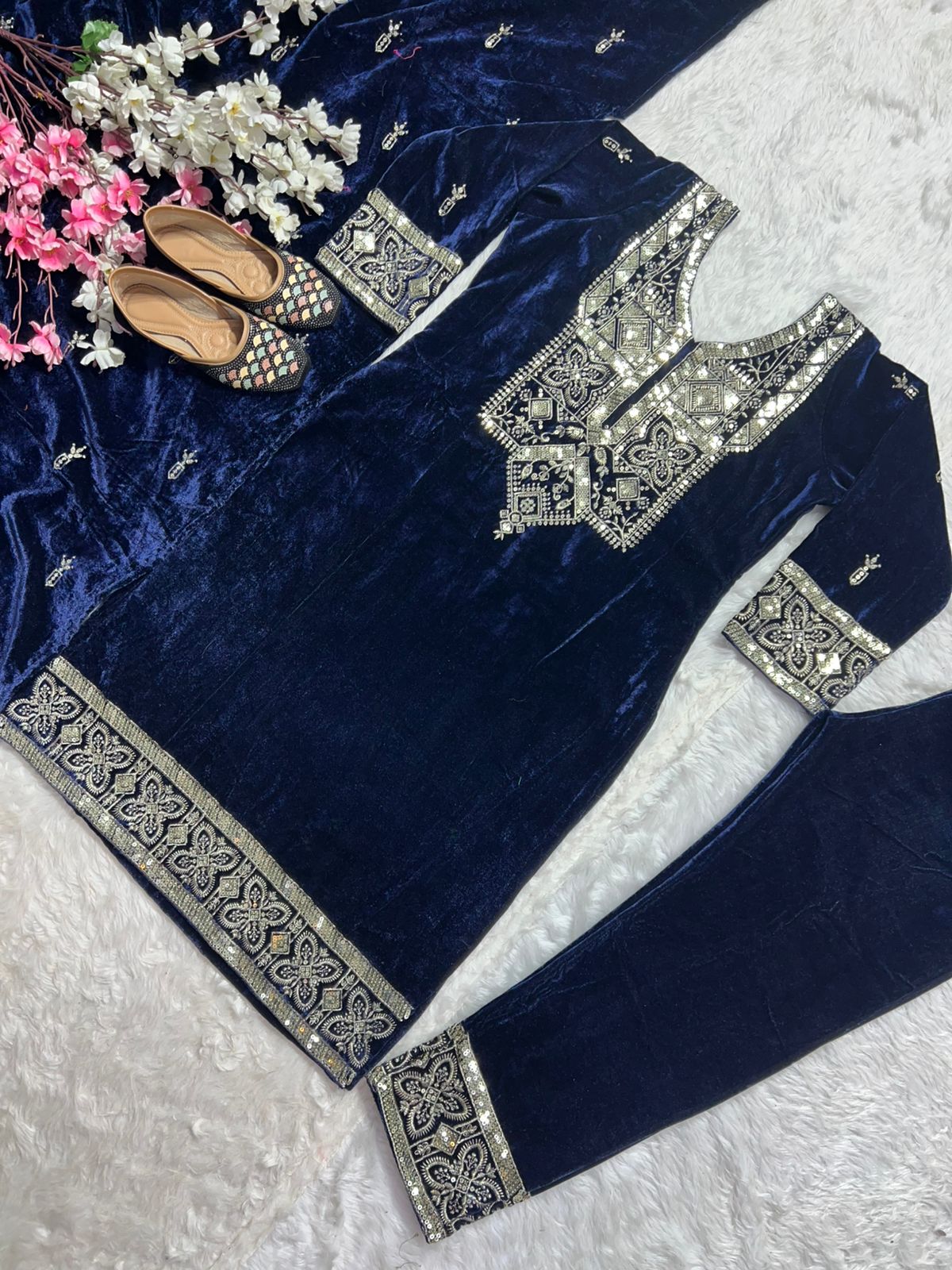 Classy Blue Color Pure Heavy Viscous Velvet With Heavy Embroidery Sequence Work Salwar Suit