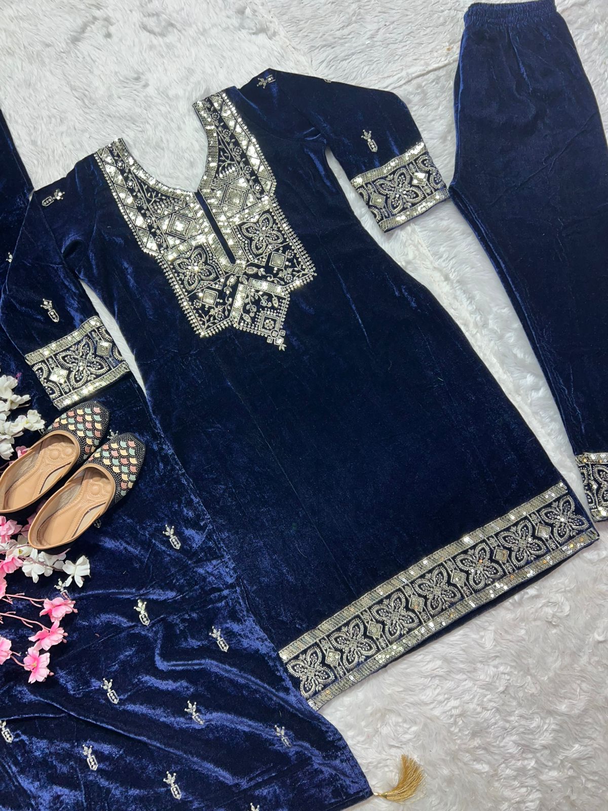 Classy Blue Color Pure Heavy Viscous Velvet With Heavy Embroidery Sequence Work Salwar Suit