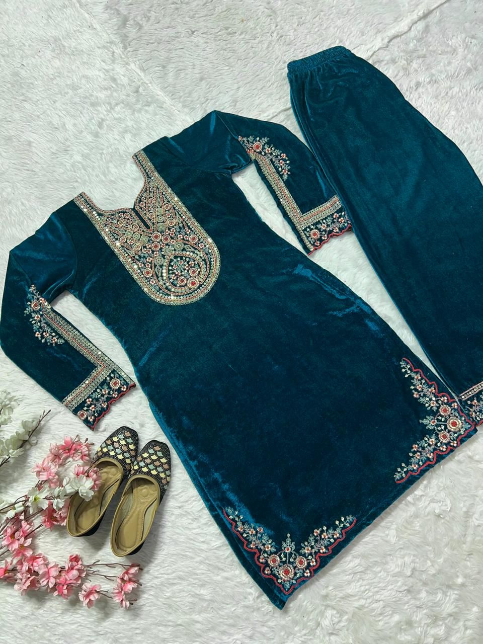 Charming Teal Blue Color Pure Heavy Viscous Velvet With Heavy Embroidery Coding Sequence Work Salwar Suit