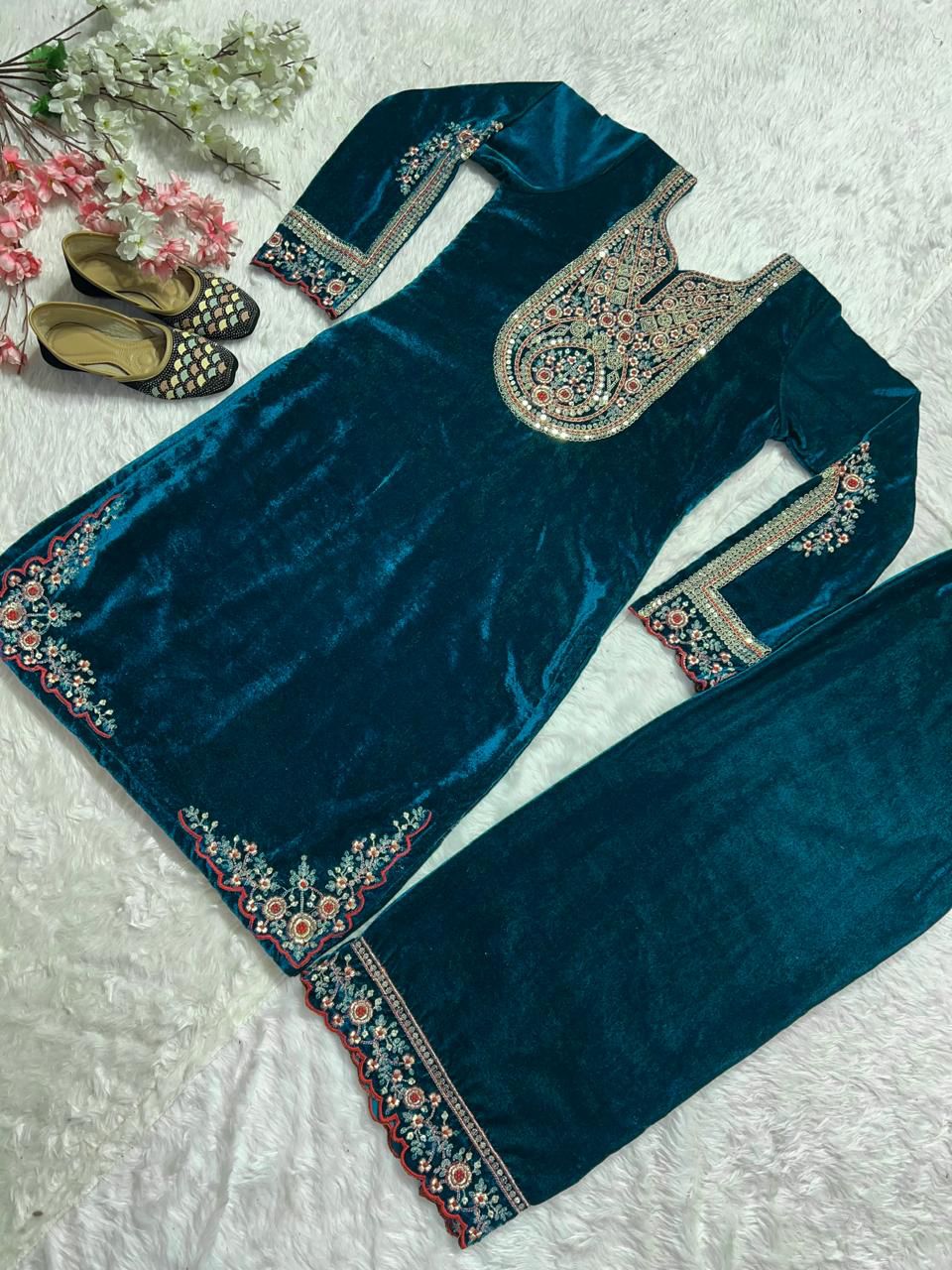 Charming Teal Blue Color Pure Heavy Viscous Velvet With Heavy Embroidery Coding Sequence Work Salwar Suit