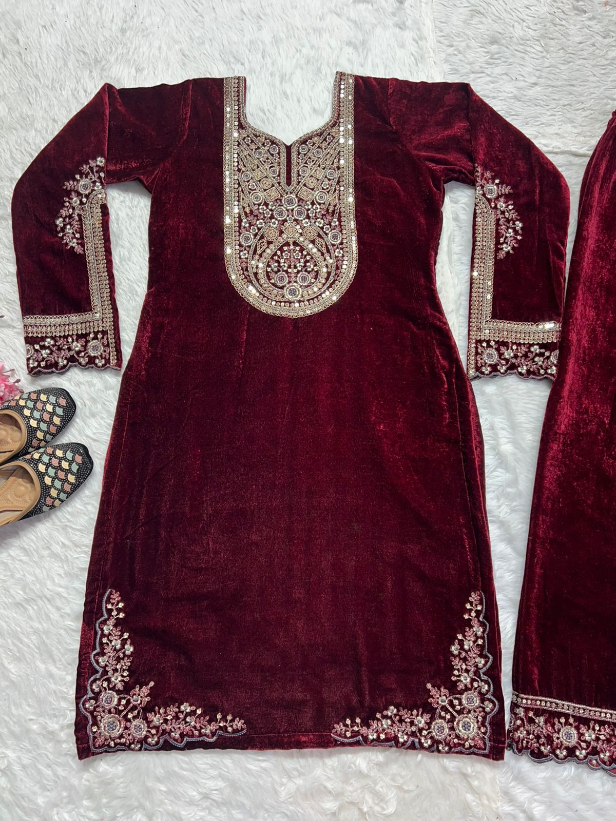 Charming Maroon Color Pure Heavy Viscous Velvet With Heavy Embroidery Coding Sequence Work Salwar Suit