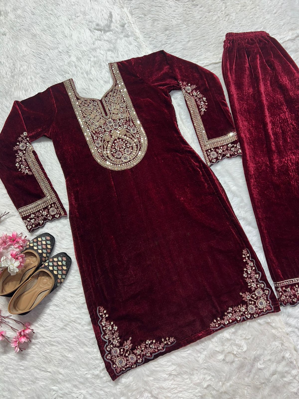 Charming Maroon Color Pure Heavy Viscous Velvet With Heavy Embroidery Coding Sequence Work Salwar Suit