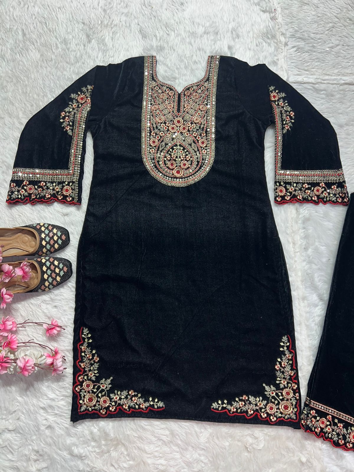 Charming Black Color Pure Heavy Viscous Velvet With Heavy Embroidery Coding Sequence Work Salwar Suit