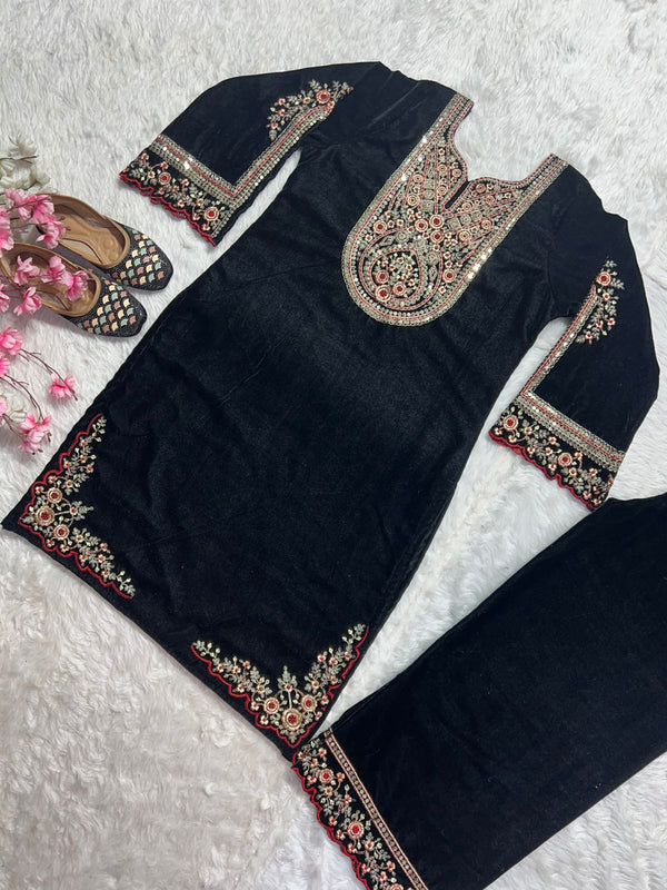 Charming Black Color Pure Heavy Viscous Velvet With Heavy Embroidery Coding Sequence Work Salwar Suit