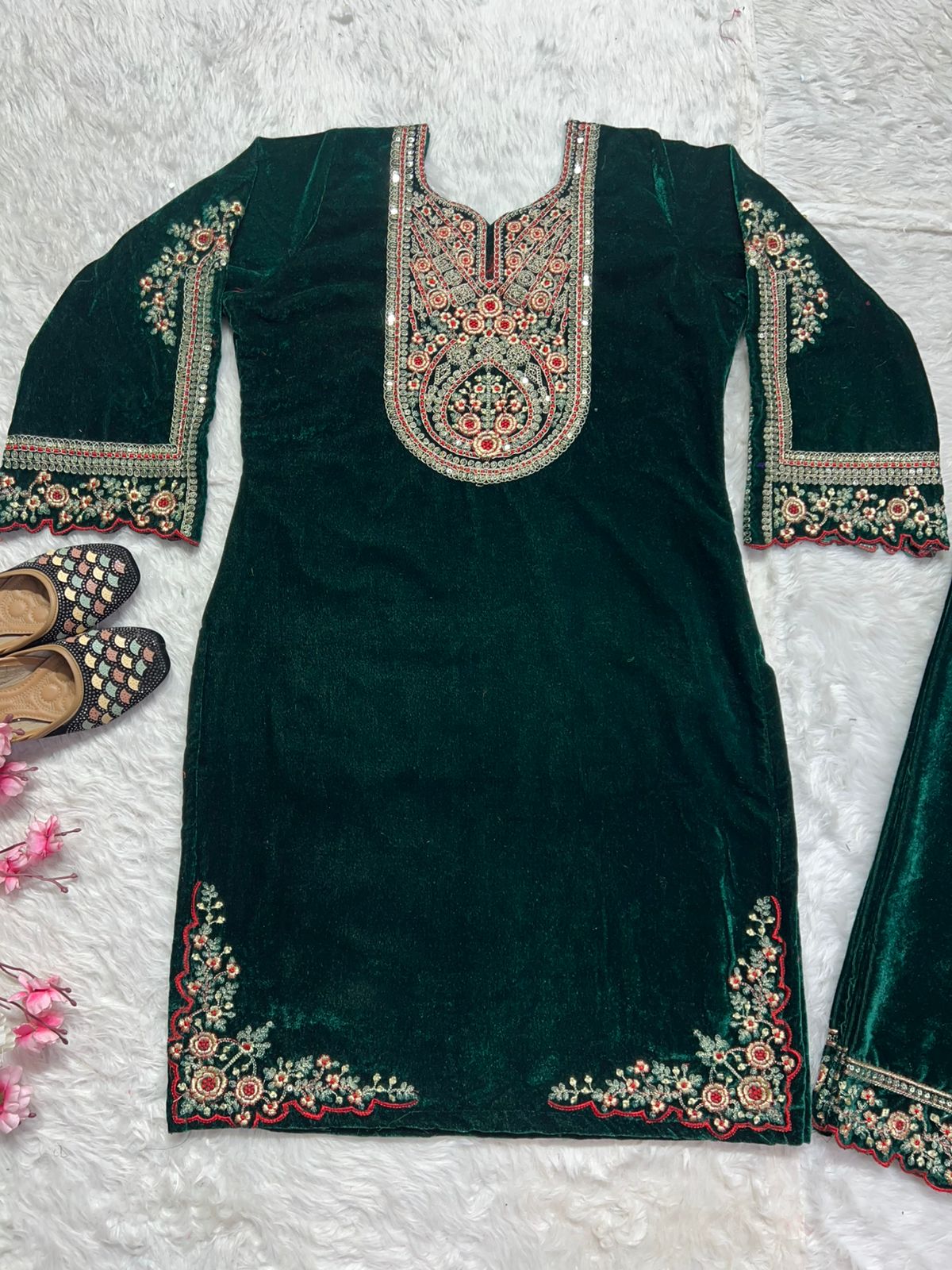 Charming Green Color Pure Heavy Viscous Velvet With Heavy Embroidery Coding Sequence Work Salwar Suit