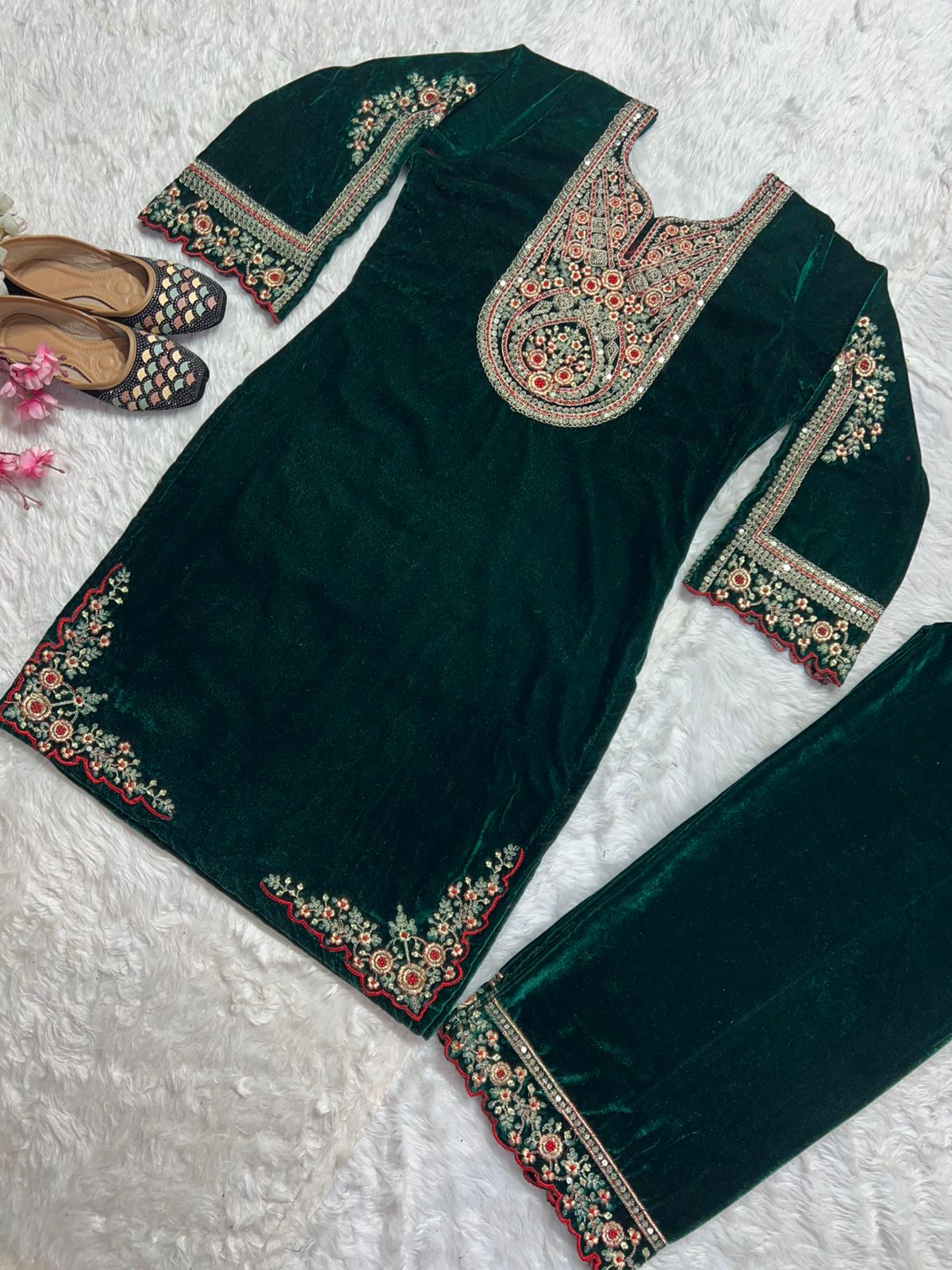 Charming Green Color Pure Heavy Viscous Velvet With Heavy Embroidery Coding Sequence Work Salwar Suit