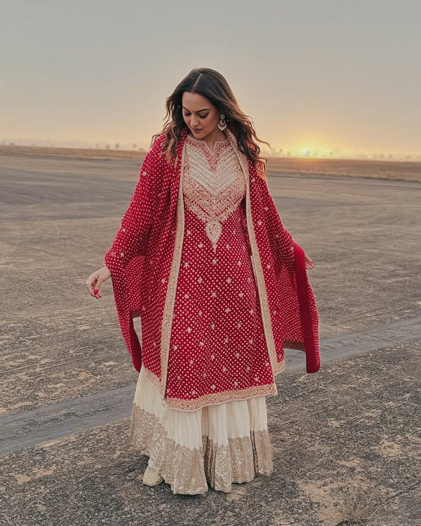 Glossy Red Color Faux Georgette And Embroidery Codding Sequence With Print Work Sharara Suit