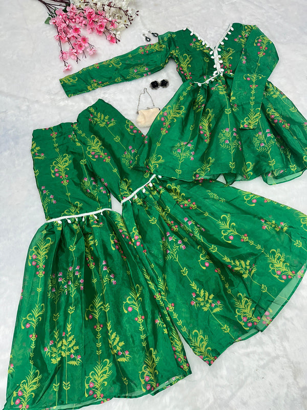 Classic Green Color Digital Printed Jimmy Organza Kurta With Kodi Work Designer Sharara Suit