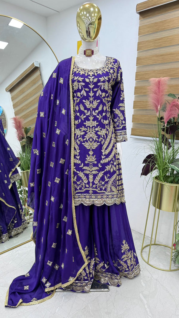 Marriage Special Blue Color Chinon Silk And Embroidery Codding Sequence With Work Designer Sharara Suit