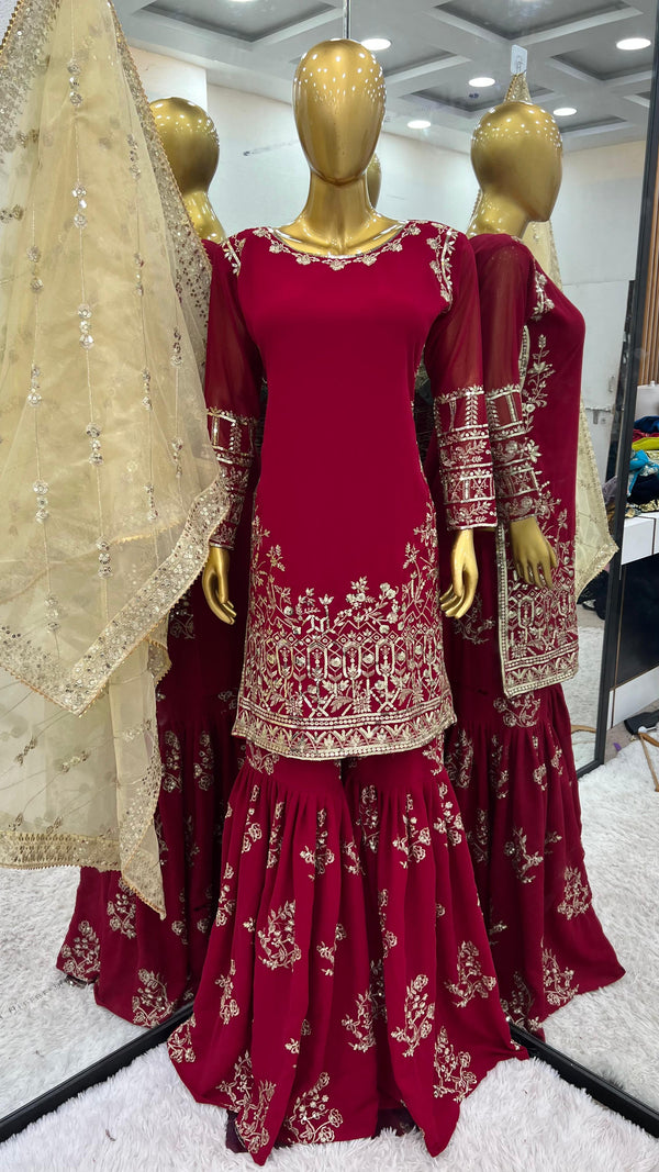 Wedding Wear Red Color Heavy Faux Georgette With 5mm Embroidery Sequence Work Designer Sharara Suit