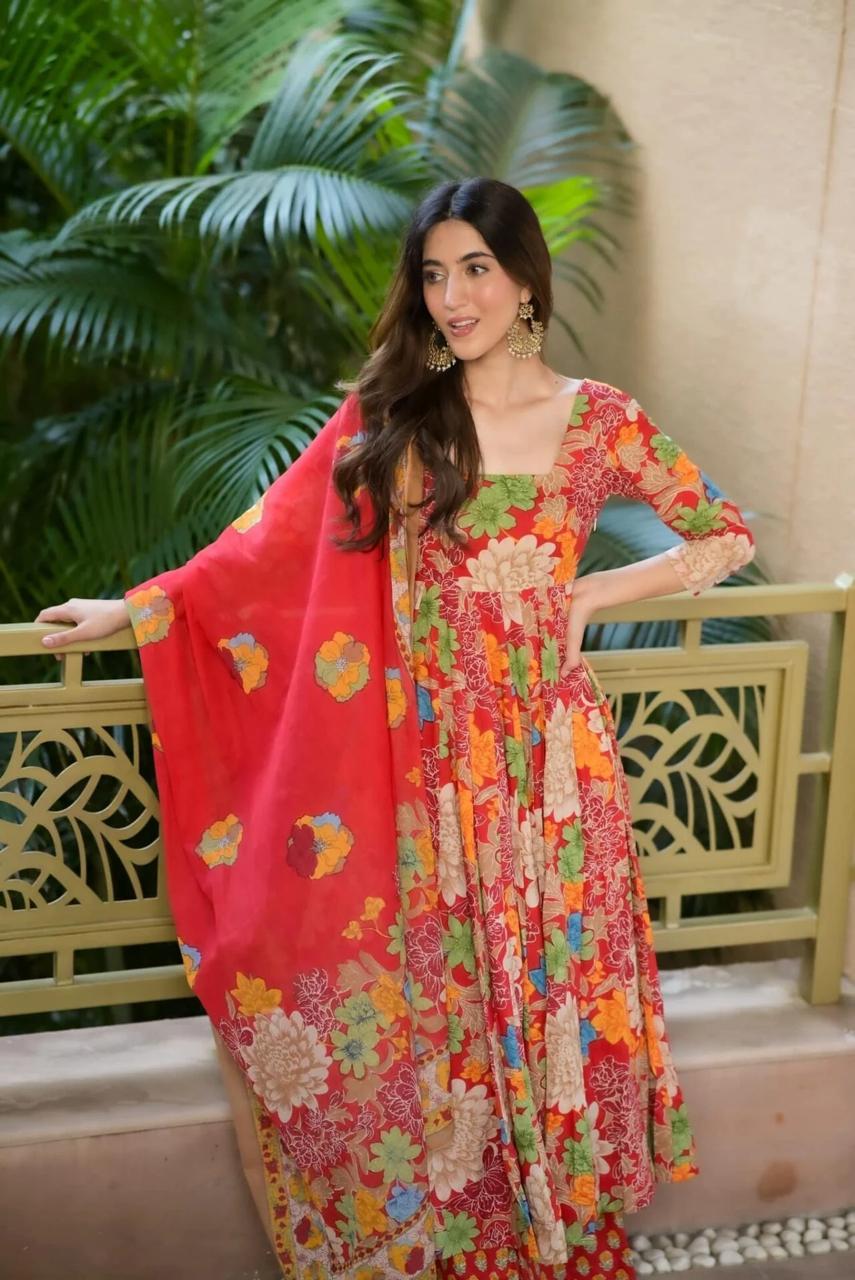 Wedding Wear Multi Color Pure Soft Chex Cotton Printed Anarkali Huge Flair Palazzo Suit Suit