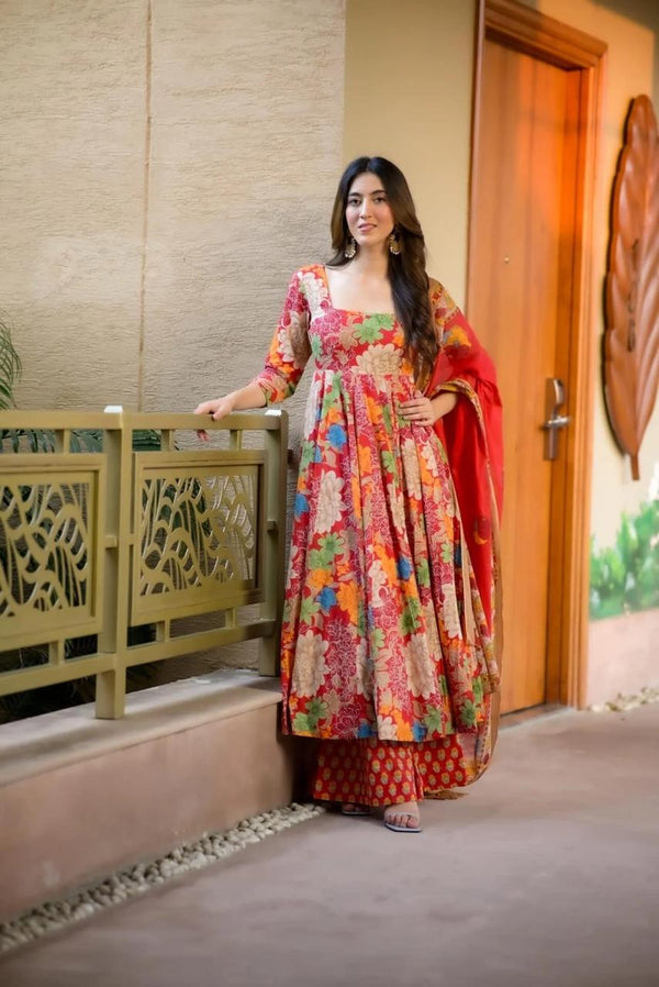 Wedding Wear Multi Color Pure Soft Chex Cotton Printed Anarkali Huge Flair Palazzo Suit Suit
