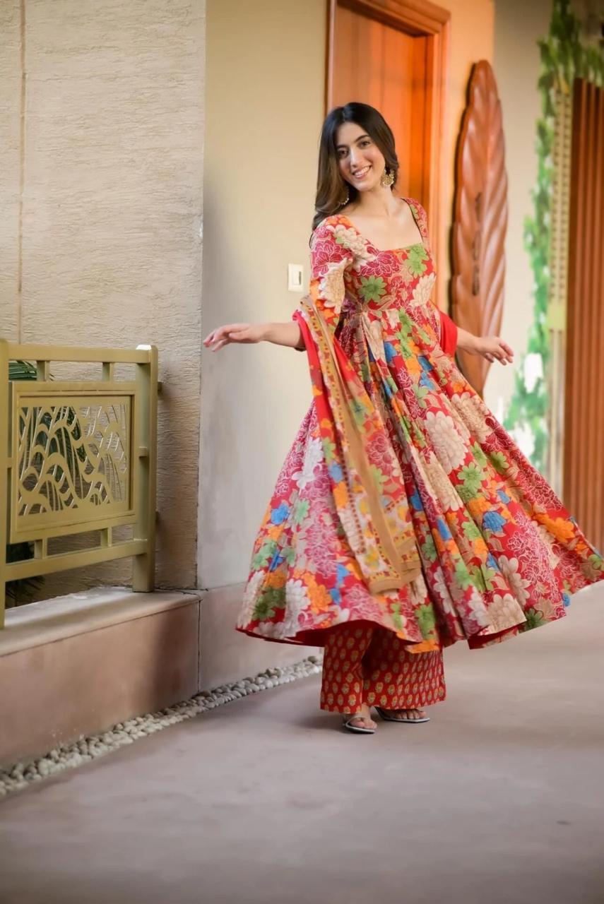 Wedding Wear Multi Color Pure Soft Chex Cotton Printed Anarkali Huge Flair Palazzo Suit Suit