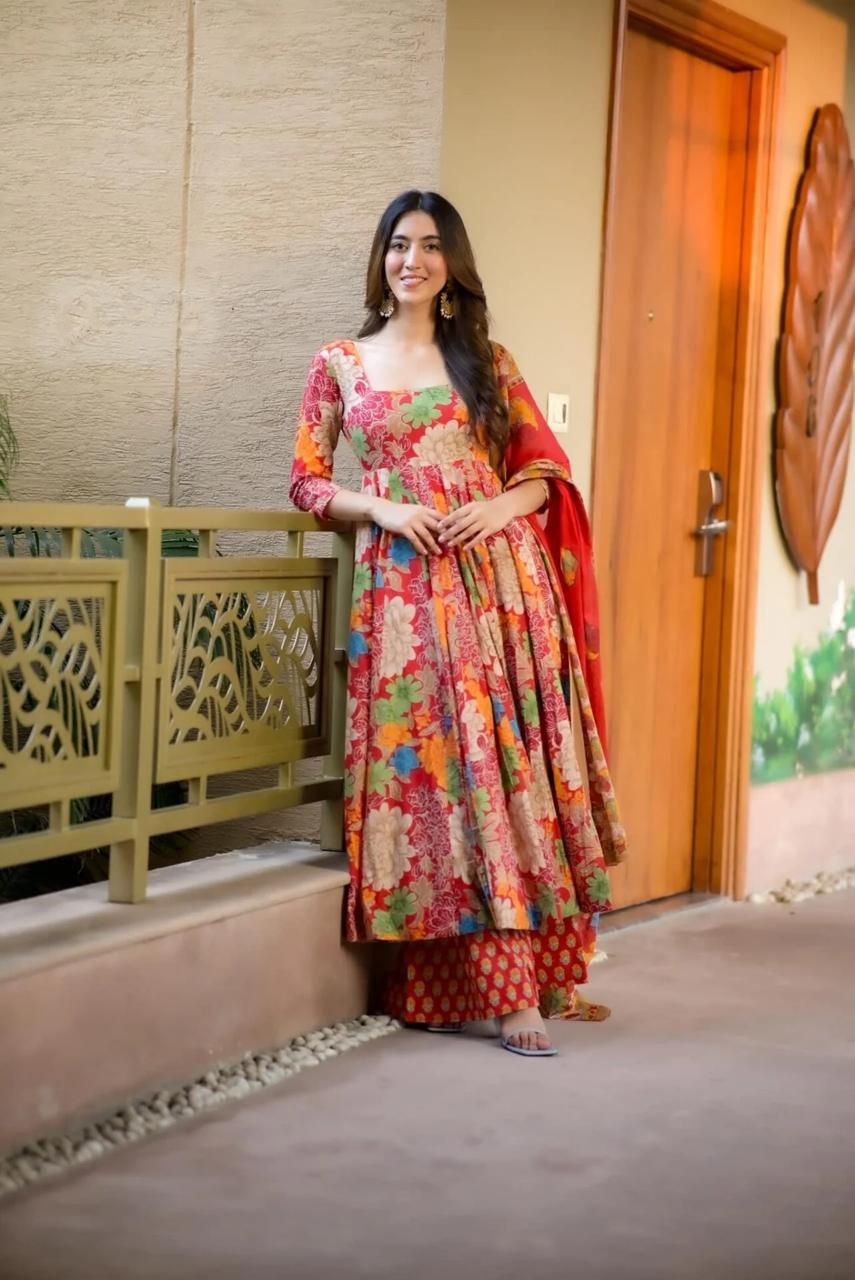 Wedding Wear Multi Color Pure Soft Chex Cotton Printed Anarkali Huge Flair Palazzo Suit Suit